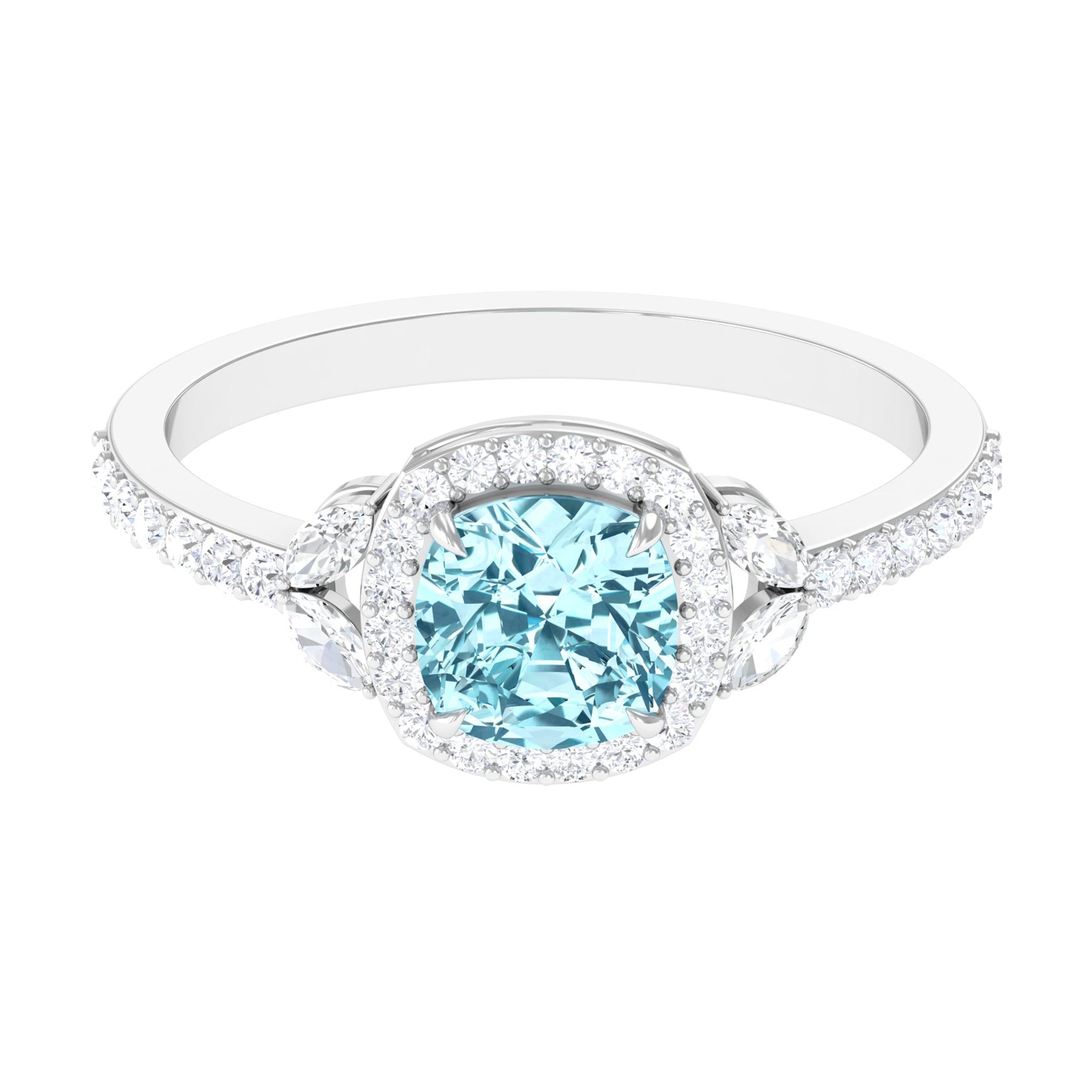 Real Aquamarine Halo Engagement Ring with Diamond Aquamarine - ( AAA ) - Quality - Rosec Jewels