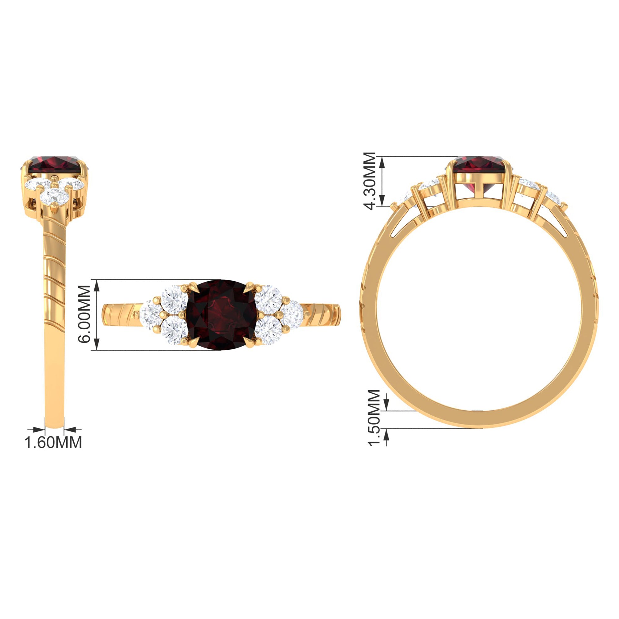 Cushion Cut Garnet Solitaire Engagement Ring with Diamond Trio Garnet - ( AAA ) - Quality - Rosec Jewels