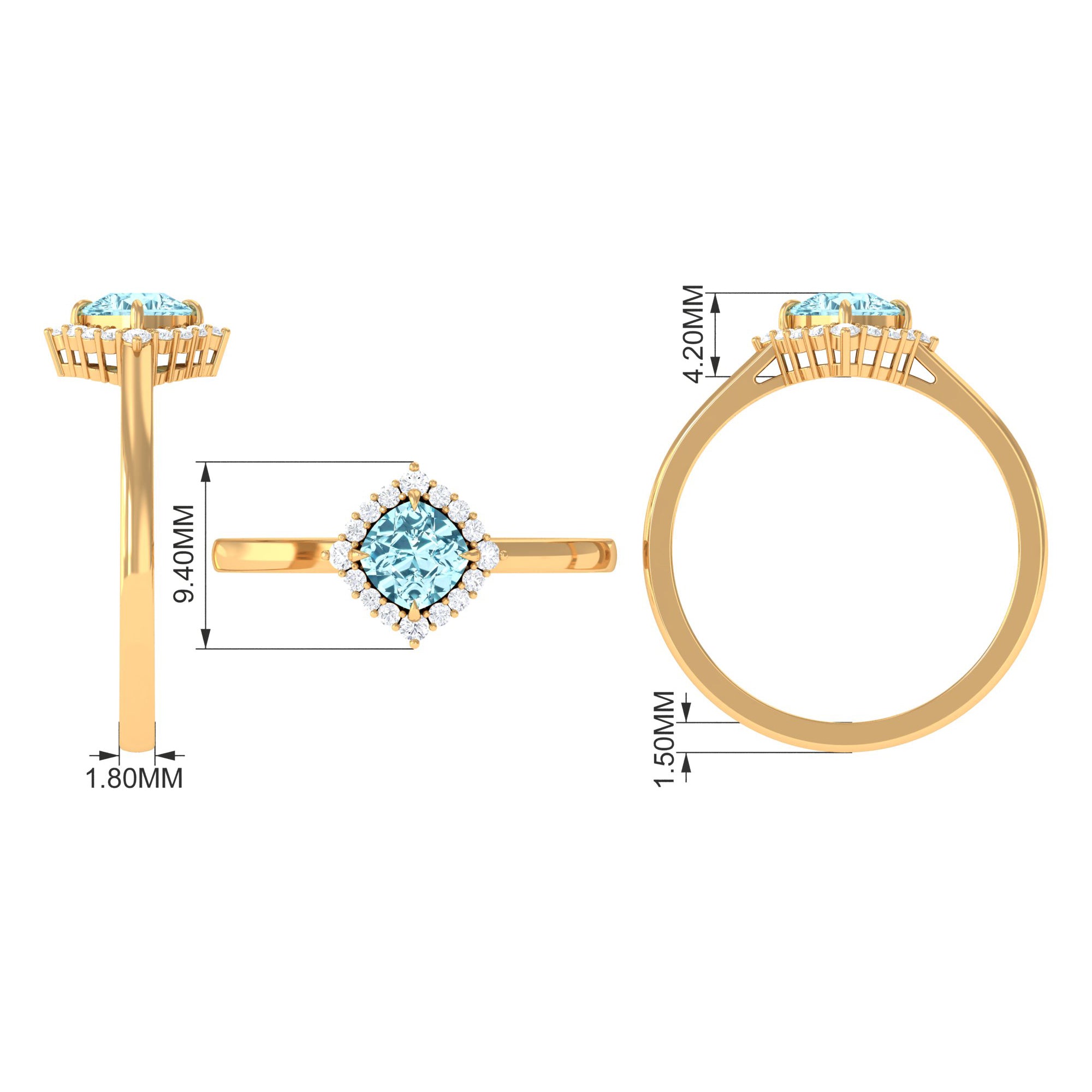 Cushion Cut Aquamarine and Diamond Halo Engagement Ring Aquamarine - ( AAA ) - Quality - Rosec Jewels