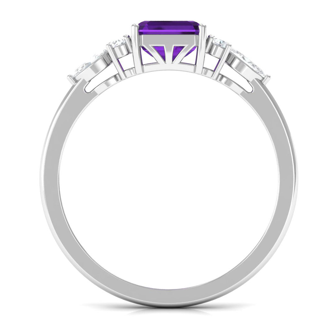 Asscher Cut Amethyst Solitaire Engagement Ring with Diamond Trio Amethyst - ( AAA ) - Quality - Rosec Jewels