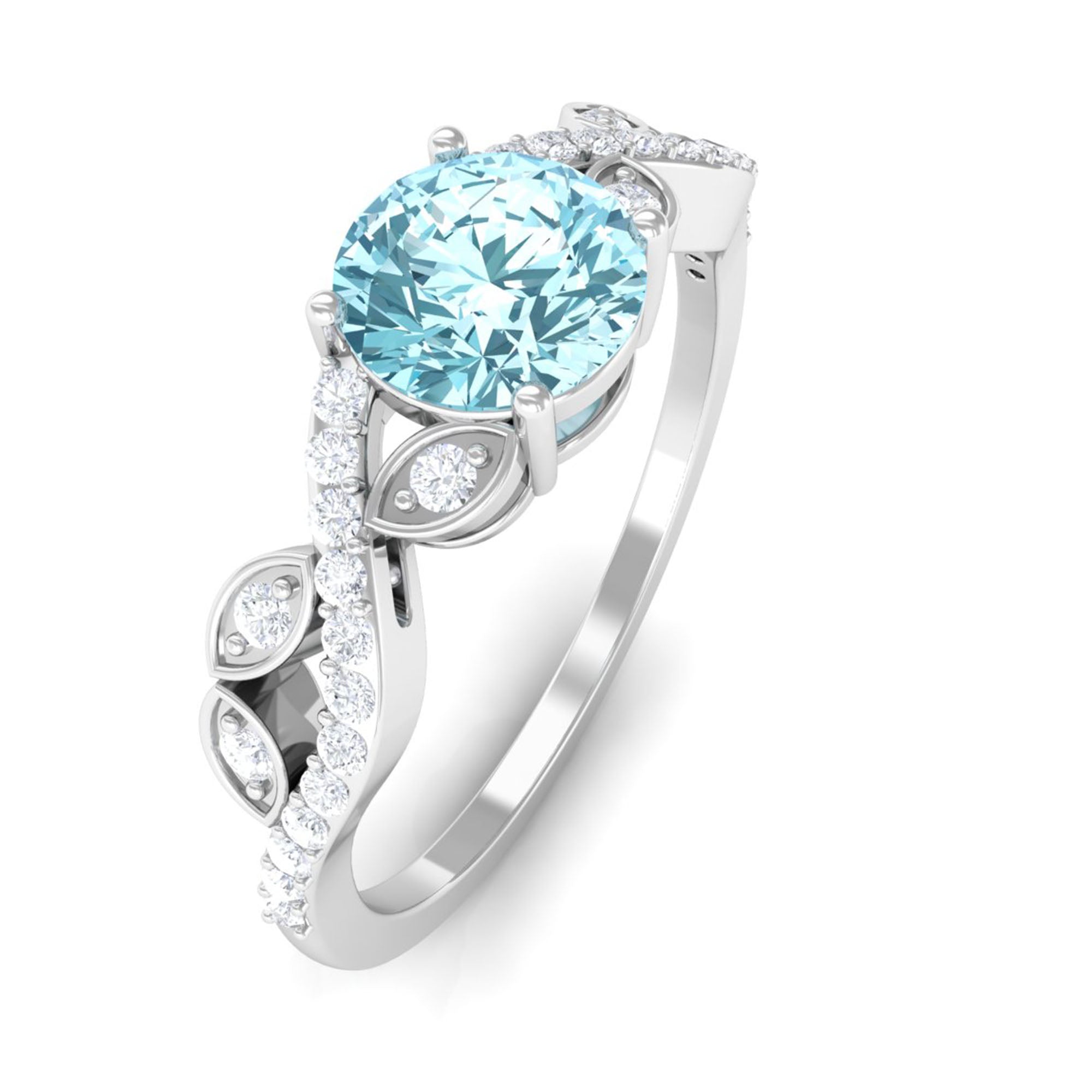 Round Shape Aquamarine Designer Engagement Ring with Diamond Aquamarine - ( AAA ) - Quality - Rosec Jewels