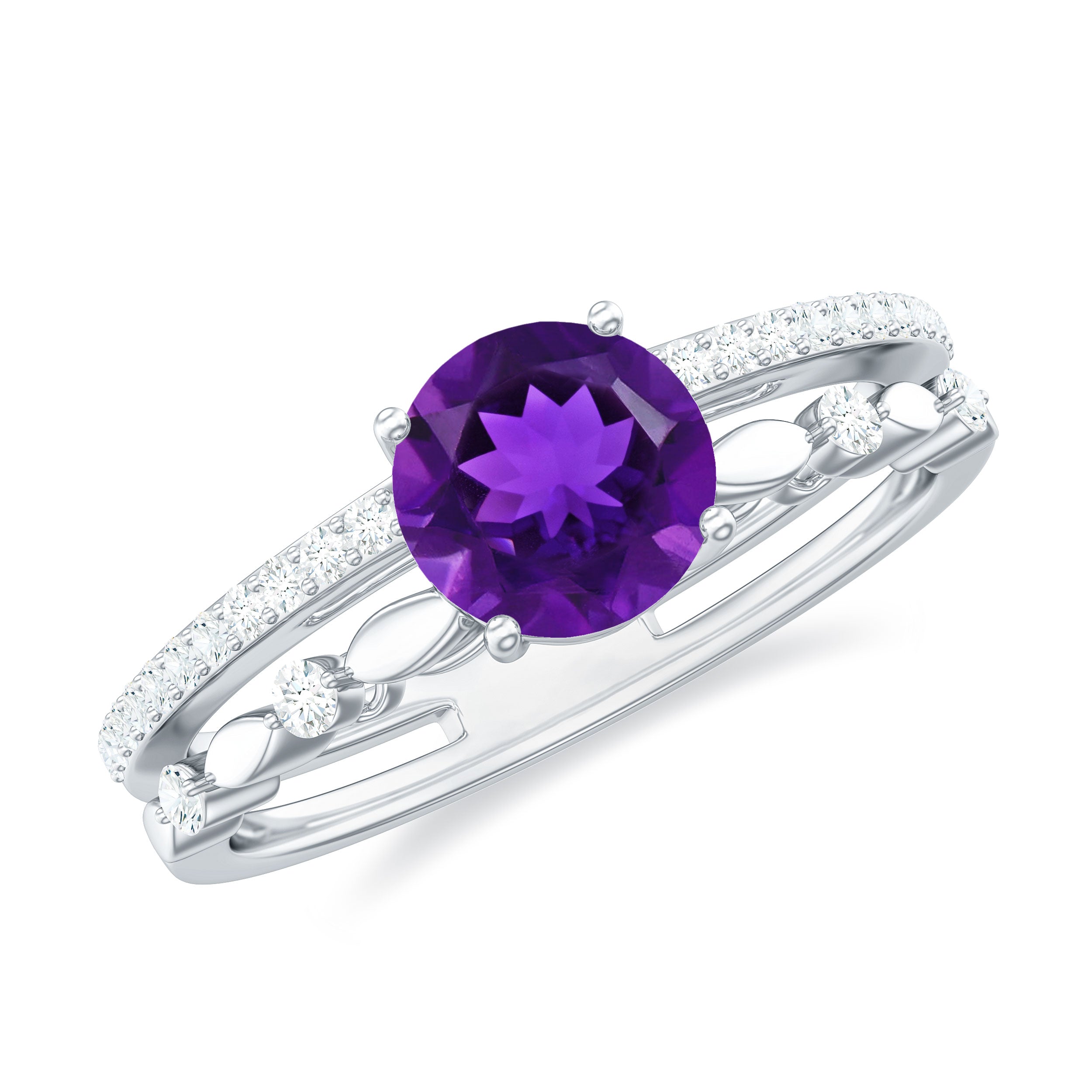 Round Shape Amethyst Solitaire Double Band Ring with Diamond Amethyst - ( AAA ) - Quality - Rosec Jewels