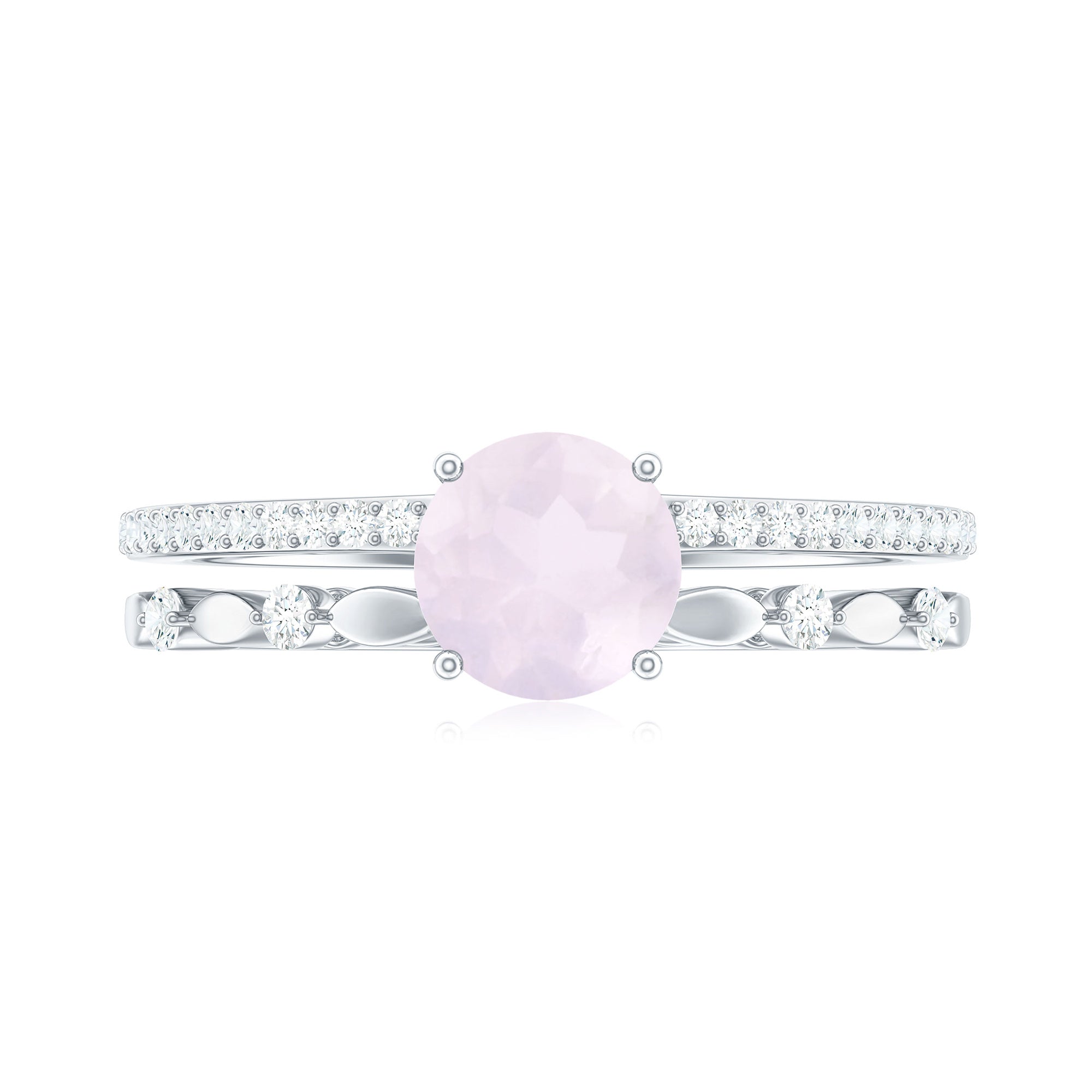 6 MM Rose Quartz Double Band Solitaire Engagement Ring with Diamond Rose Quartz - ( AAA ) - Quality - Rosec Jewels