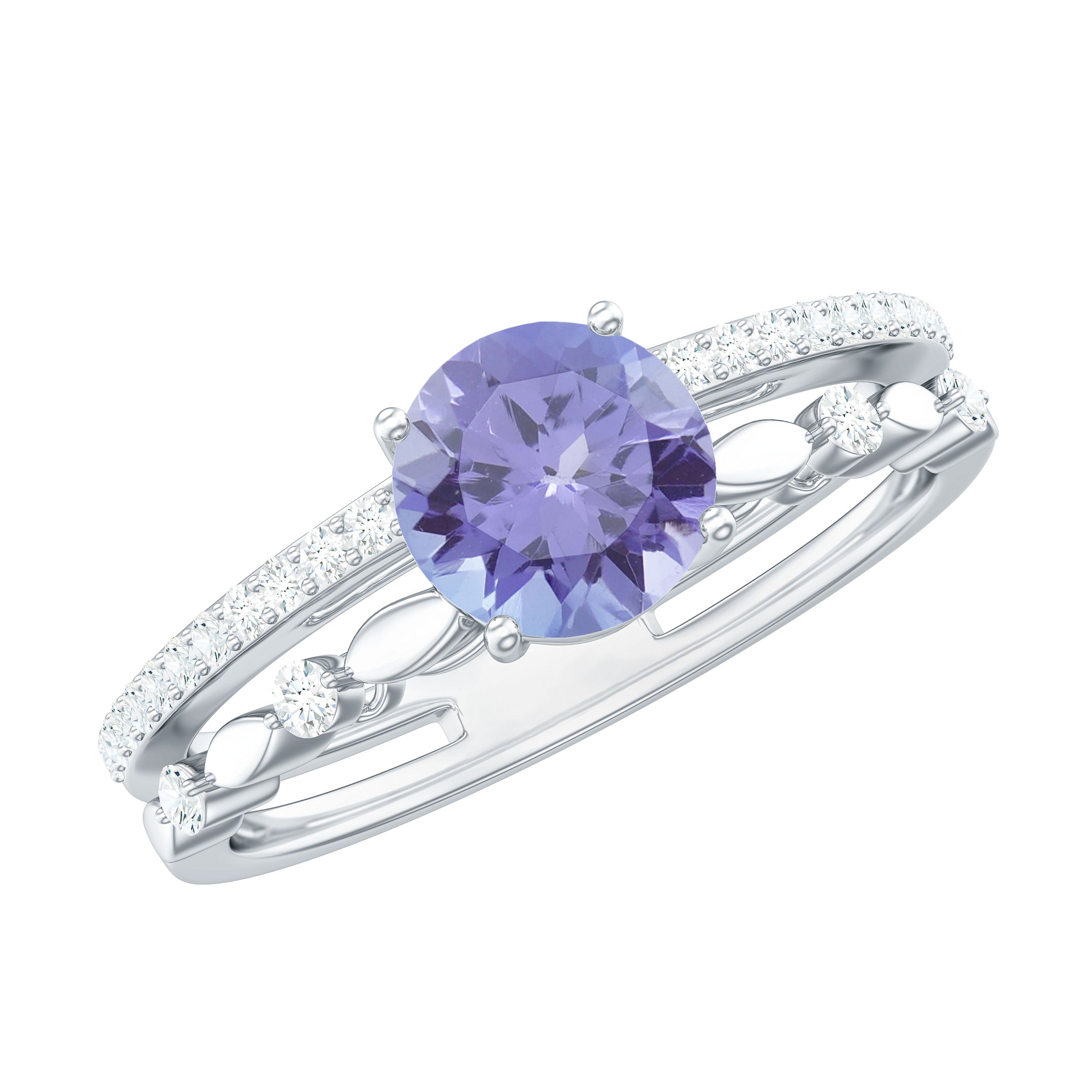 Solitaire Tanzanite and Diamond Double Band Ring Tanzanite - ( AAA ) - Quality - Rosec Jewels