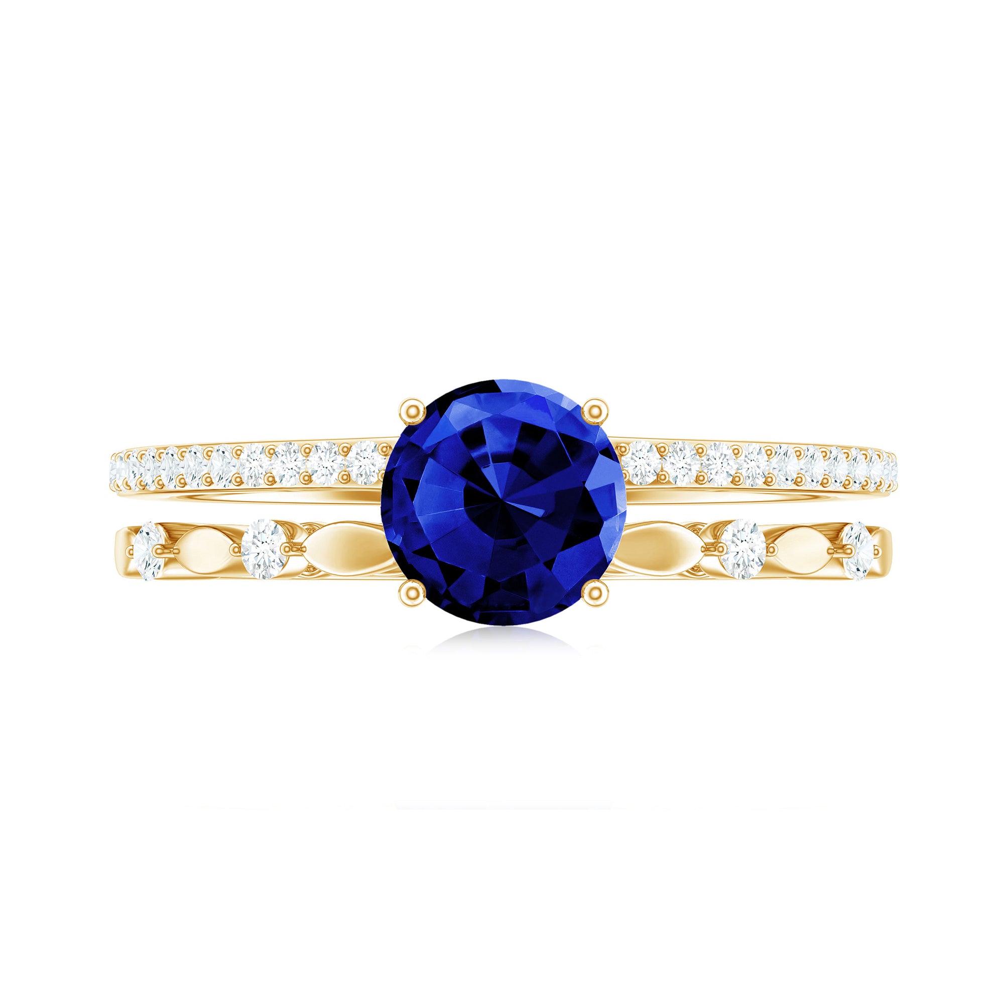 6 MM Created Blue Sapphire Solitaire Engagement Double Band Ring with Diamond Lab Created Blue Sapphire - ( AAAA ) - Quality - Rosec Jewels