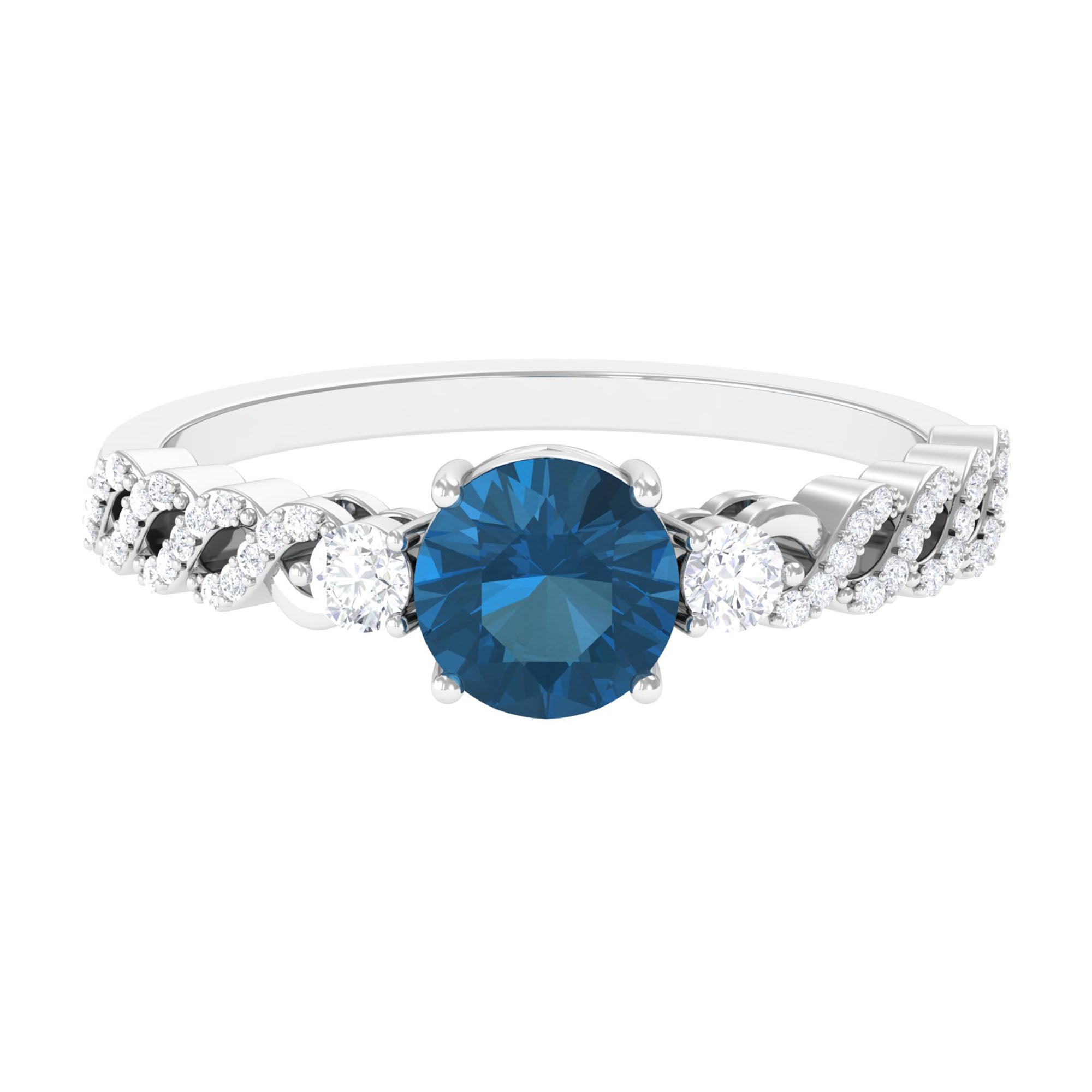 Round Shape London Blue Topaz Designer Engagement Ring with Diamond Side Stones London Blue Topaz - ( AAA ) - Quality - Rosec Jewels