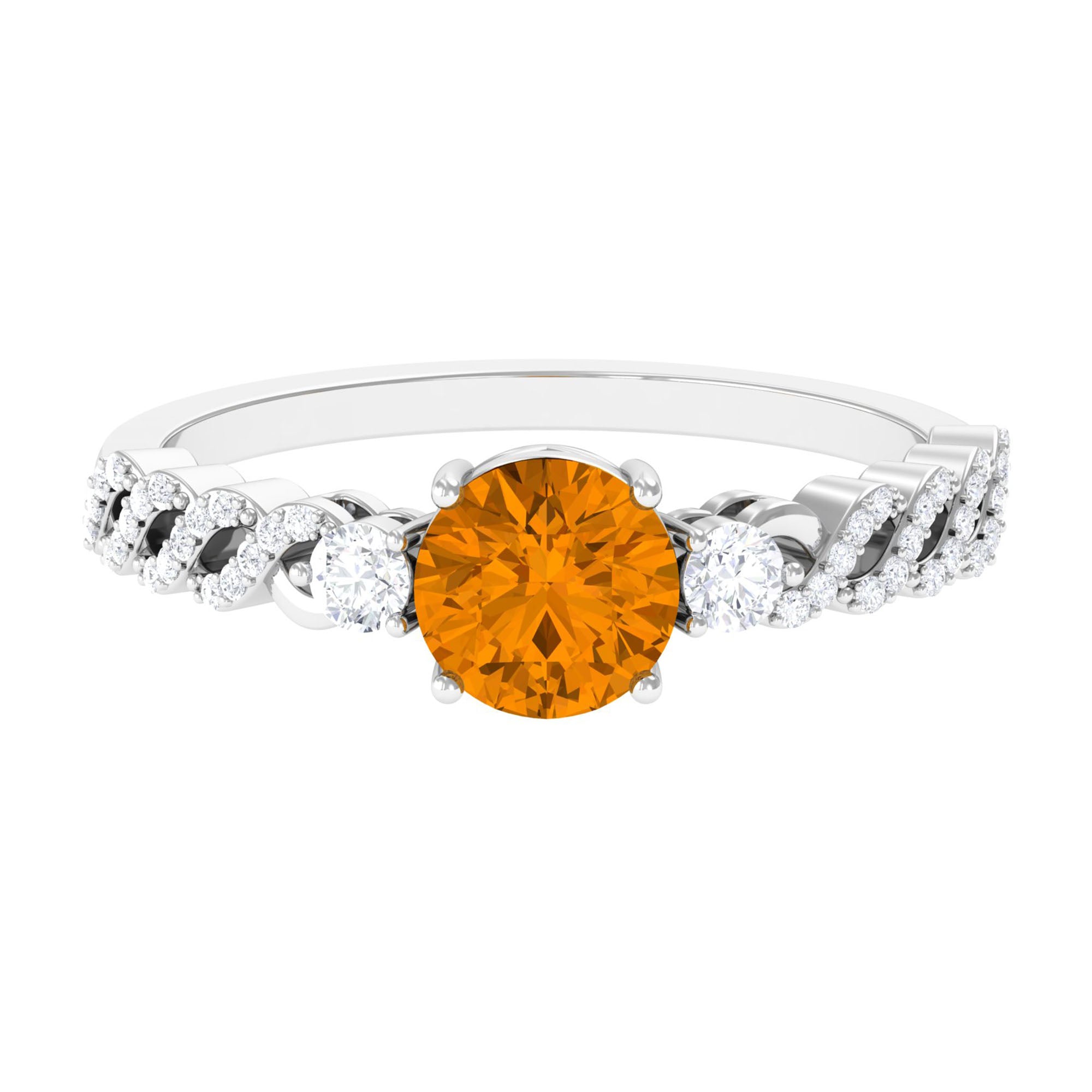 Round Shape Citrine Designer Engagement Ring with Diamond Side Stones Citrine - ( AAA ) - Quality - Rosec Jewels