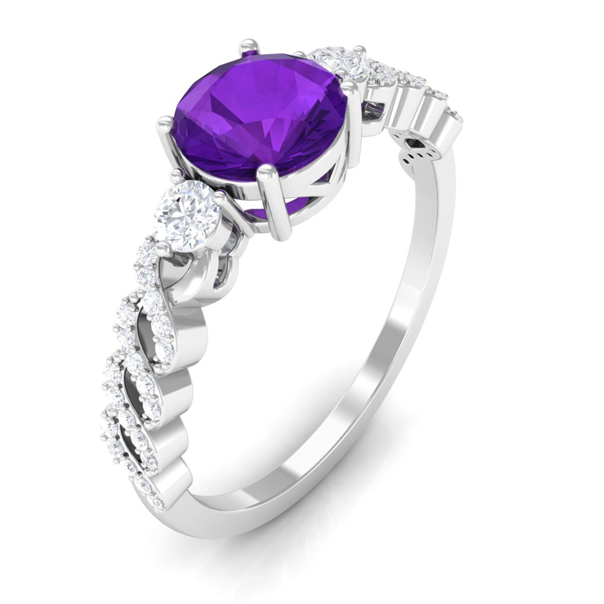 Round Amethyst Solitaire Ring with Diamond Side Stones Amethyst - ( AAA ) - Quality - Rosec Jewels