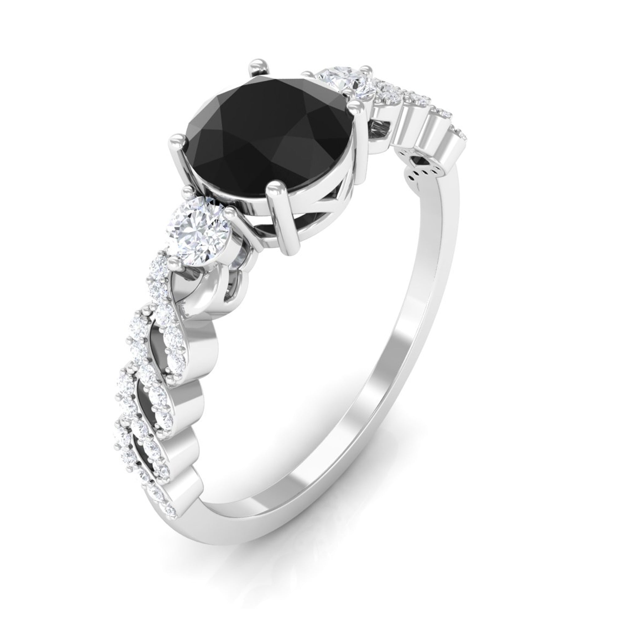 Round Shape Black Spinel Designer Engagement Ring with Diamond Side Stones Black Spinel - ( AAA ) - Quality - Rosec Jewels