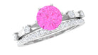 Round Pink Sapphire and Diamond Simple Ring Set Pink Sapphire - ( AAA ) - Quality - Rosec Jewels
