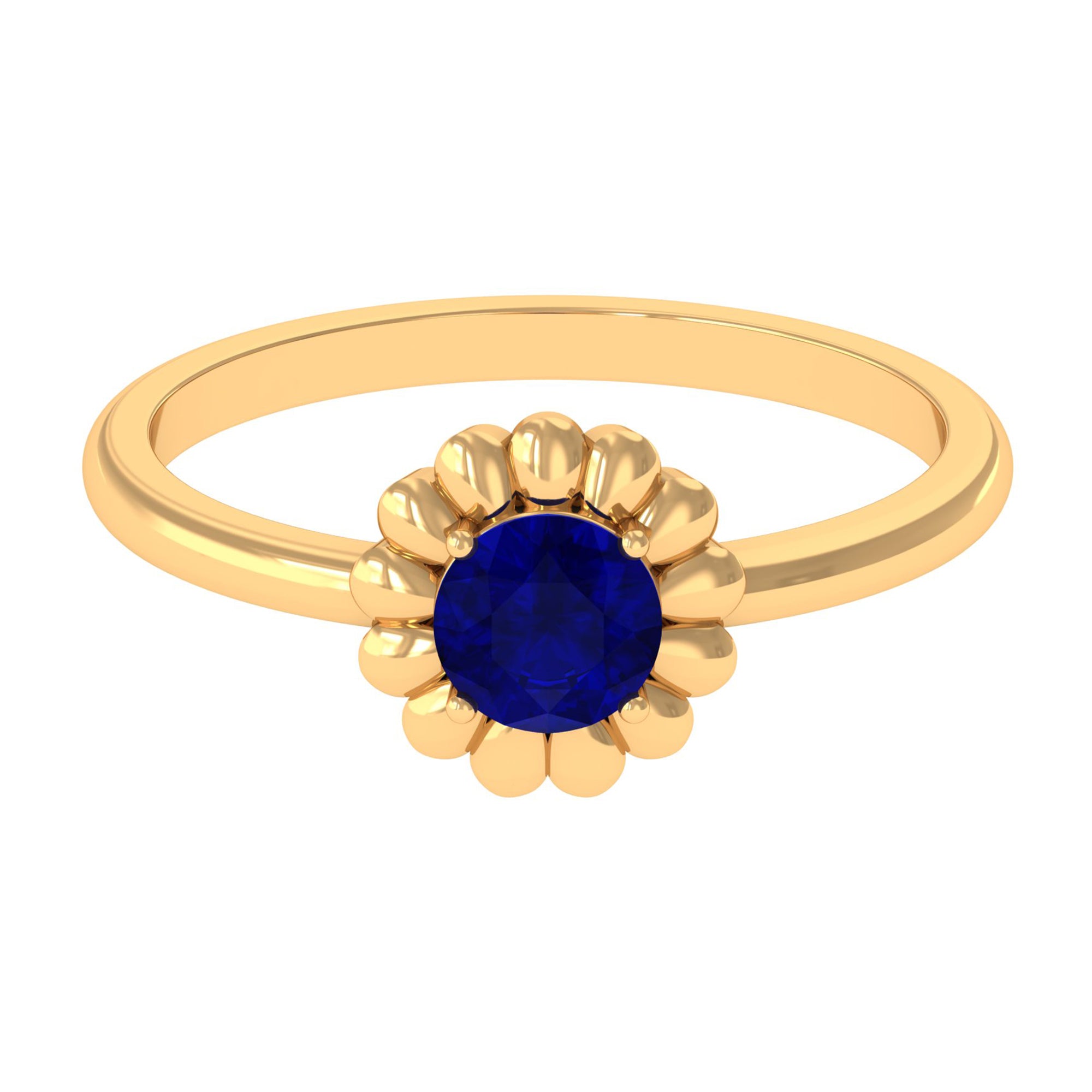 1 CT Round Cut Solitaire Blue Sapphire Gold Flower Ring Blue Sapphire - ( AAA ) - Quality - Rosec Jewels