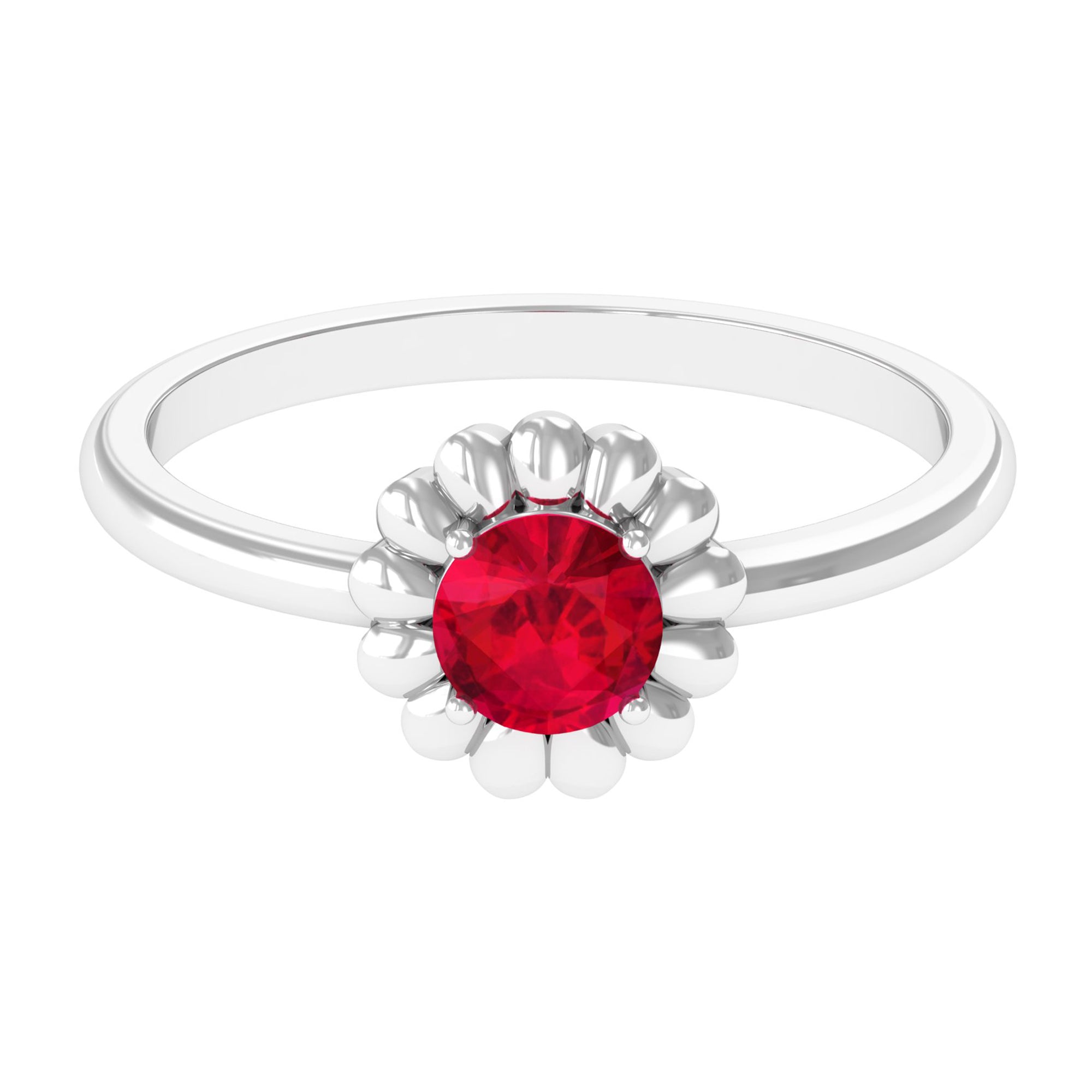 5 MM Round Lab Created Ruby Solitaire Gold Flower Ring Lab Created Ruby - ( AAAA ) - Quality - Rosec Jewels