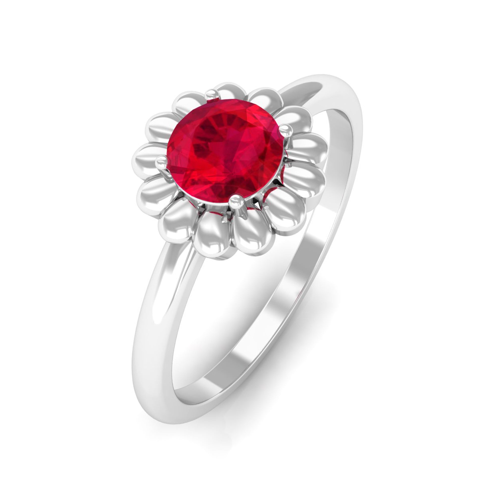 5 MM Round Lab Created Ruby Solitaire Gold Flower Ring Lab Created Ruby - ( AAAA ) - Quality - Rosec Jewels