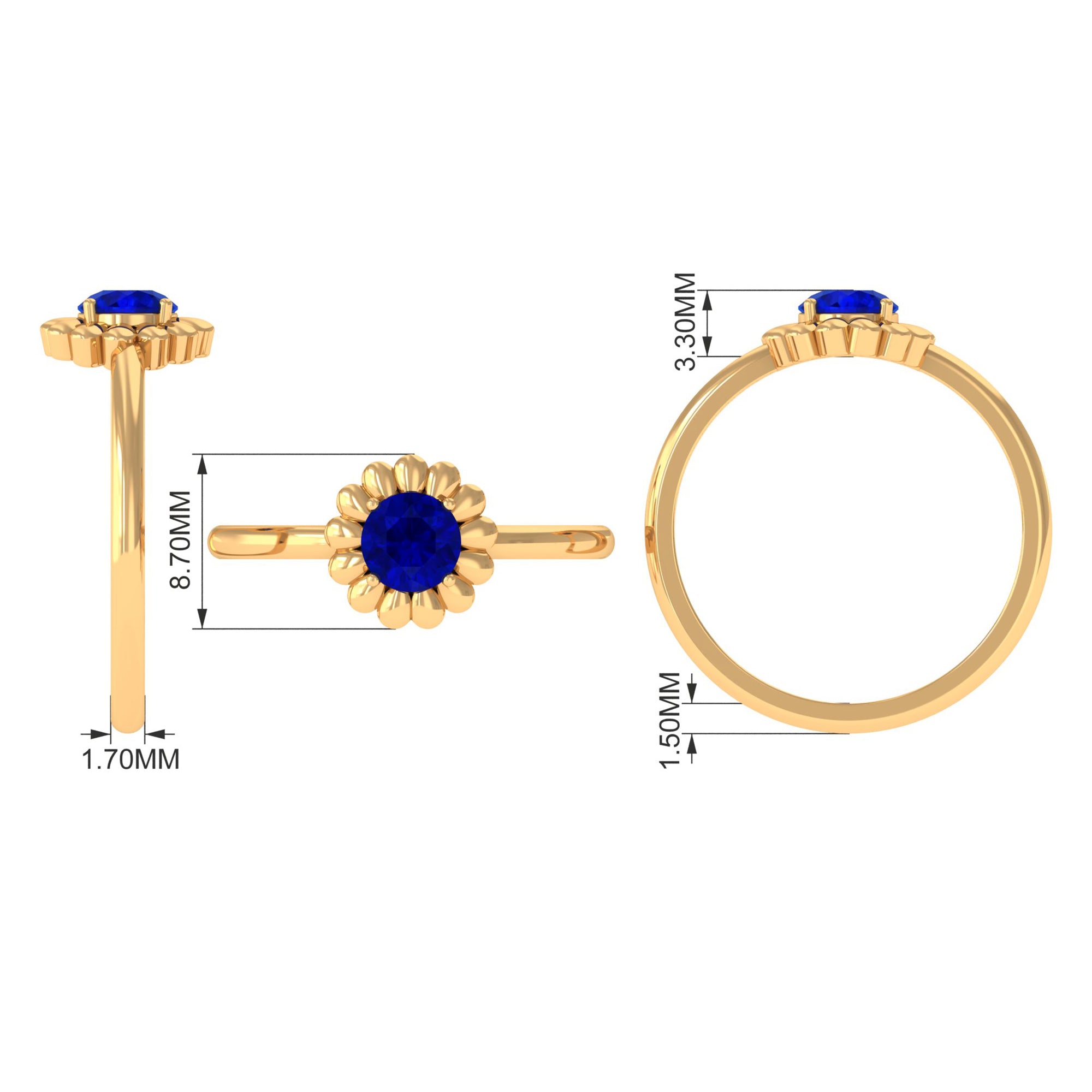 5 MM Round Lab Created Blue Sapphire Gold Floral Solitaire Ring in Prong Setting Lab Created Blue Sapphire - ( AAAA ) - Quality - Rosec Jewels