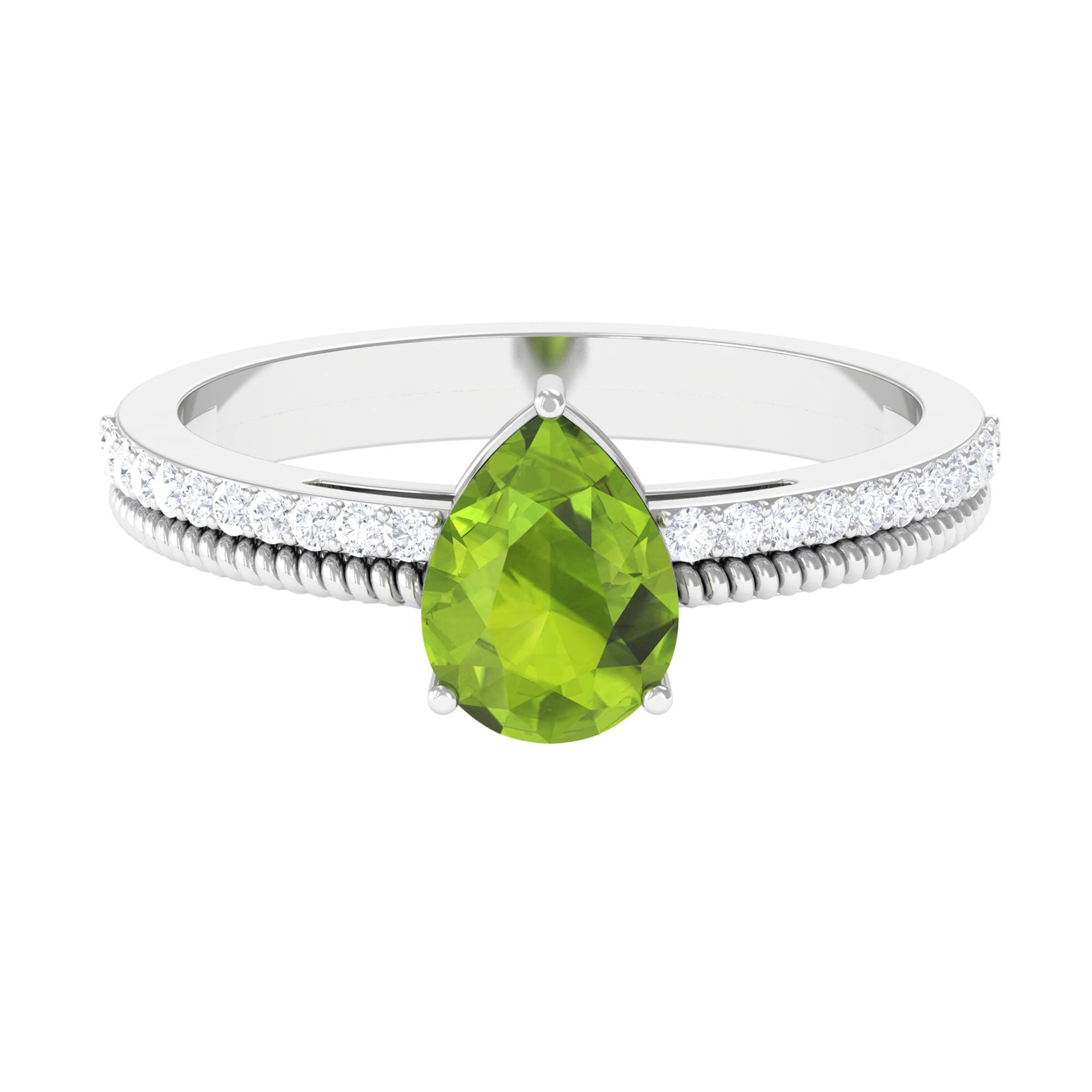 Solitaire Peridot and Diamond Ring with Twisted Rope Peridot - ( AAA ) - Quality - Rosec Jewels