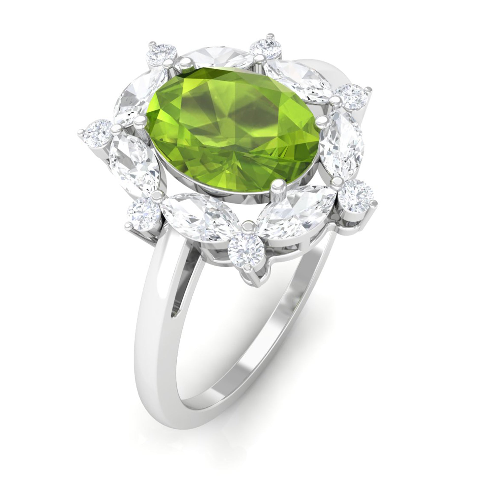 Designer Peridot Engagement Ring with Moissanite Halo Peridot - ( AAA ) - Quality - Rosec Jewels