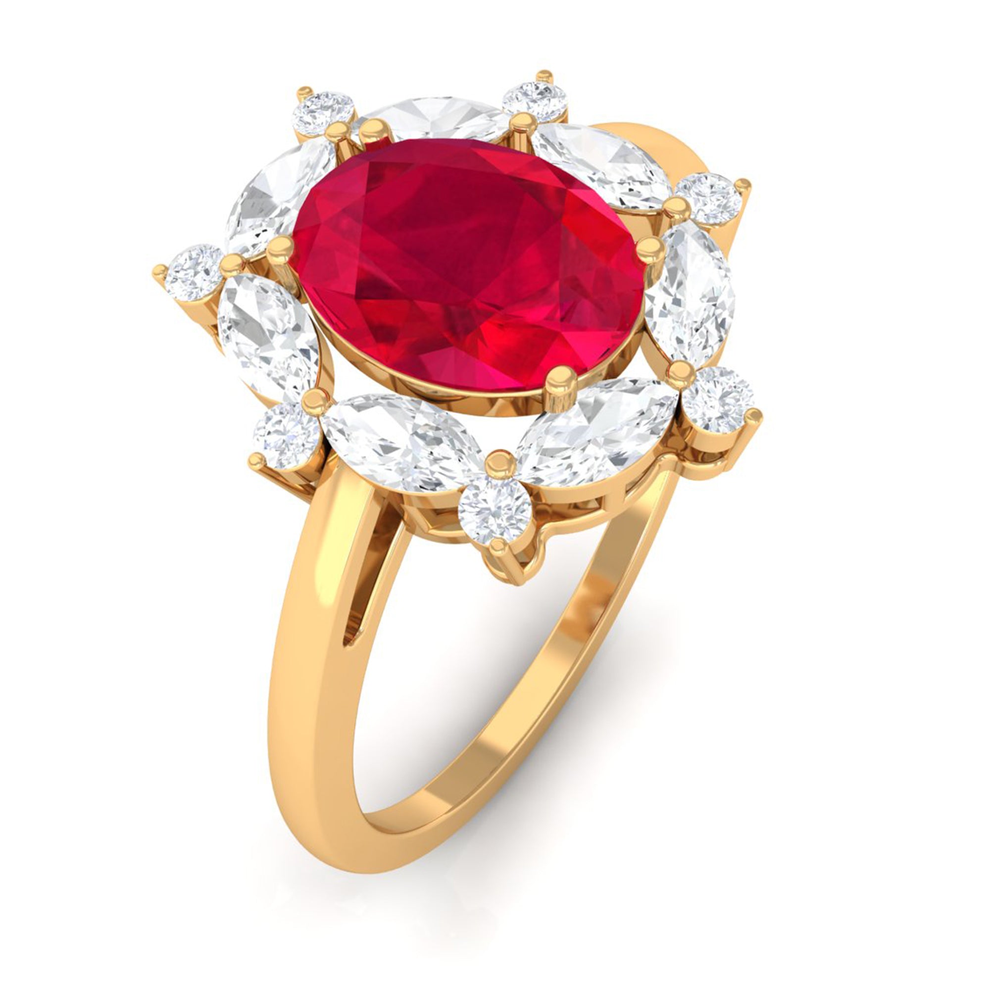 Lab Grown Ruby Designer Halo Engagement Ring with Moissanite Lab Created Ruby - ( AAAA ) - Quality - Rosec Jewels