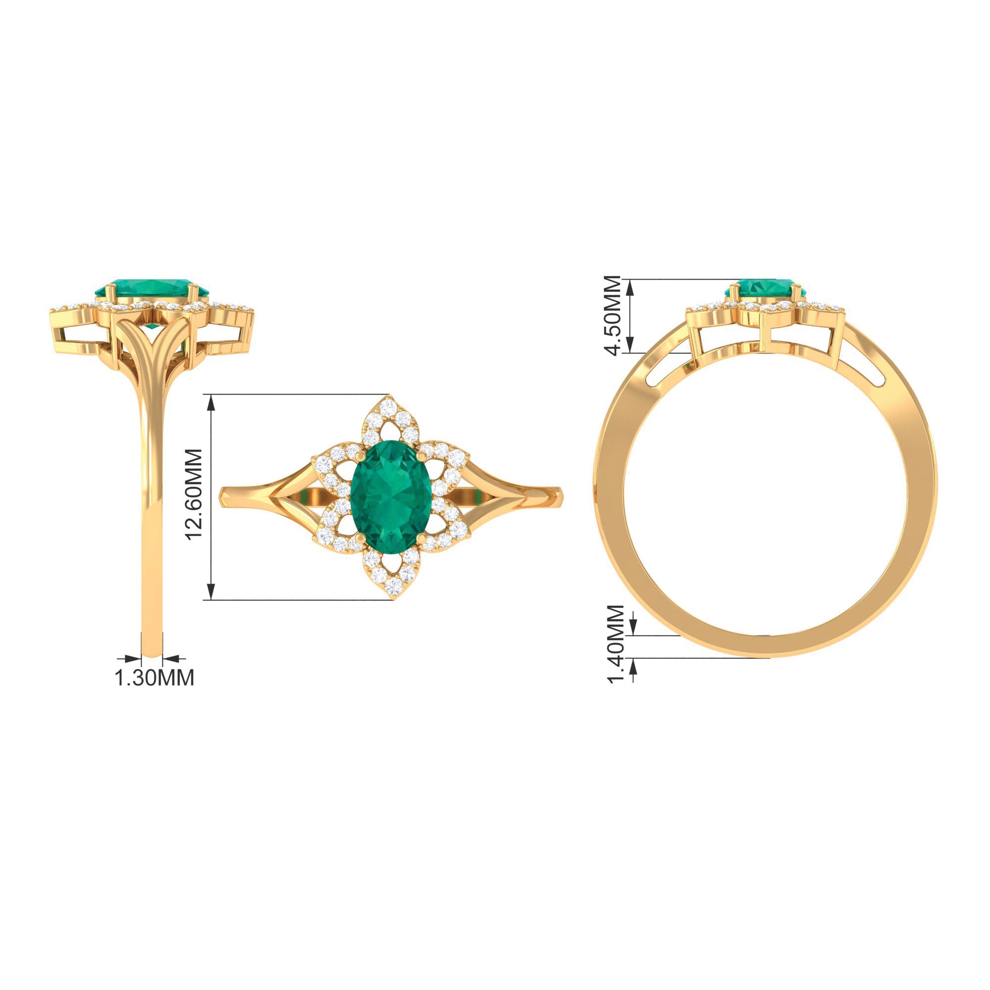 Rosec Jewels-Oval Emerald and Diamond Flower Engagement Ring in Split Shank
