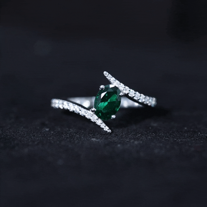 Oval Shape Lab Grown Emerald Solitaire Bypass Ring with Moissanite - Rosec Jewels