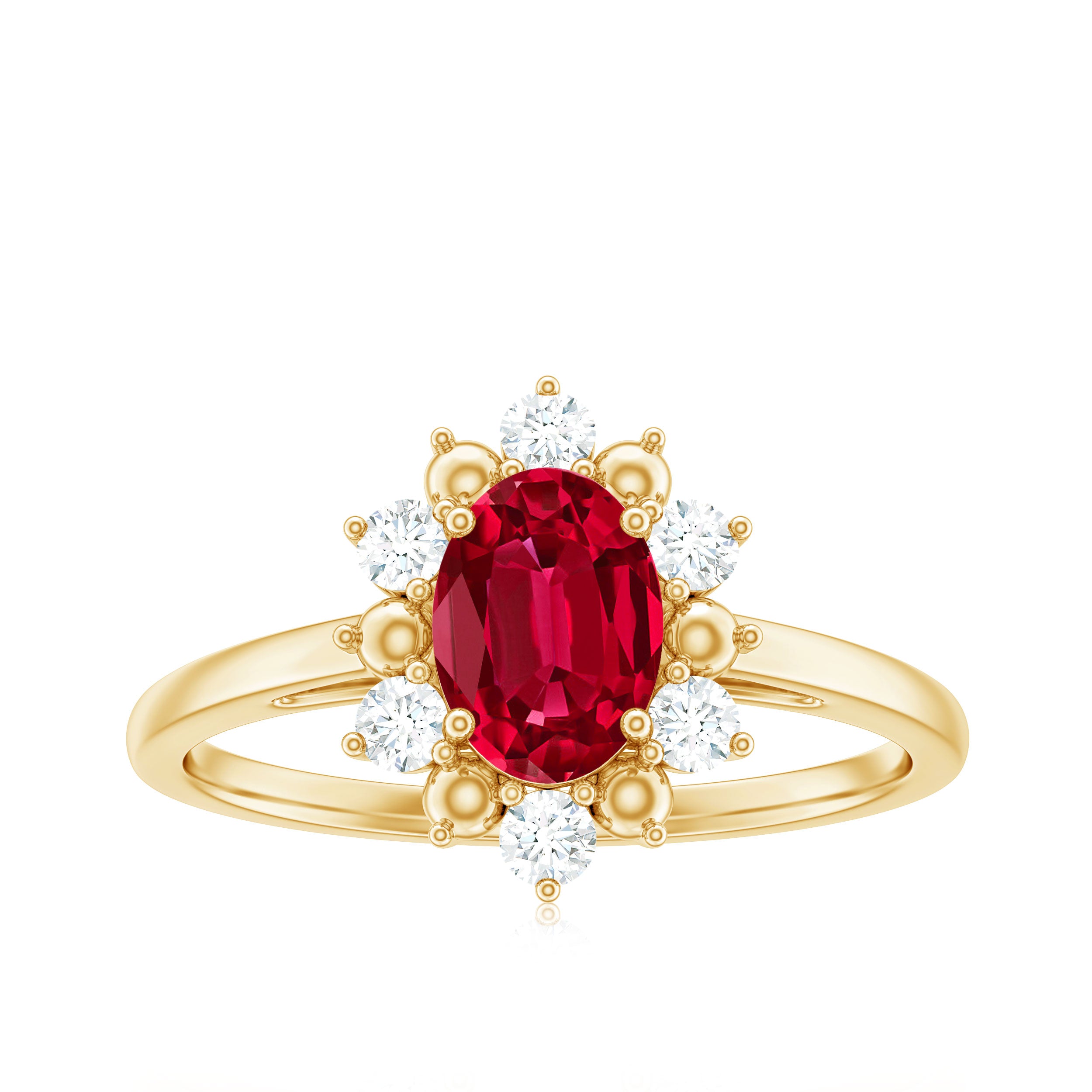 Oval Lab-Created Ruby Floral Halo Ring with Diamond Lab Created Ruby - ( AAAA ) - Quality - Rosec Jewels