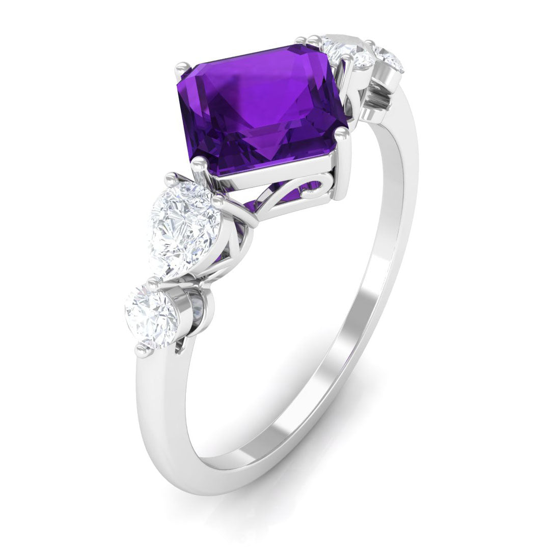Asscher Cut Amethyst Solitaire Ring with Moissanite Side Stone Amethyst - ( AAA ) - Quality - Rosec Jewels