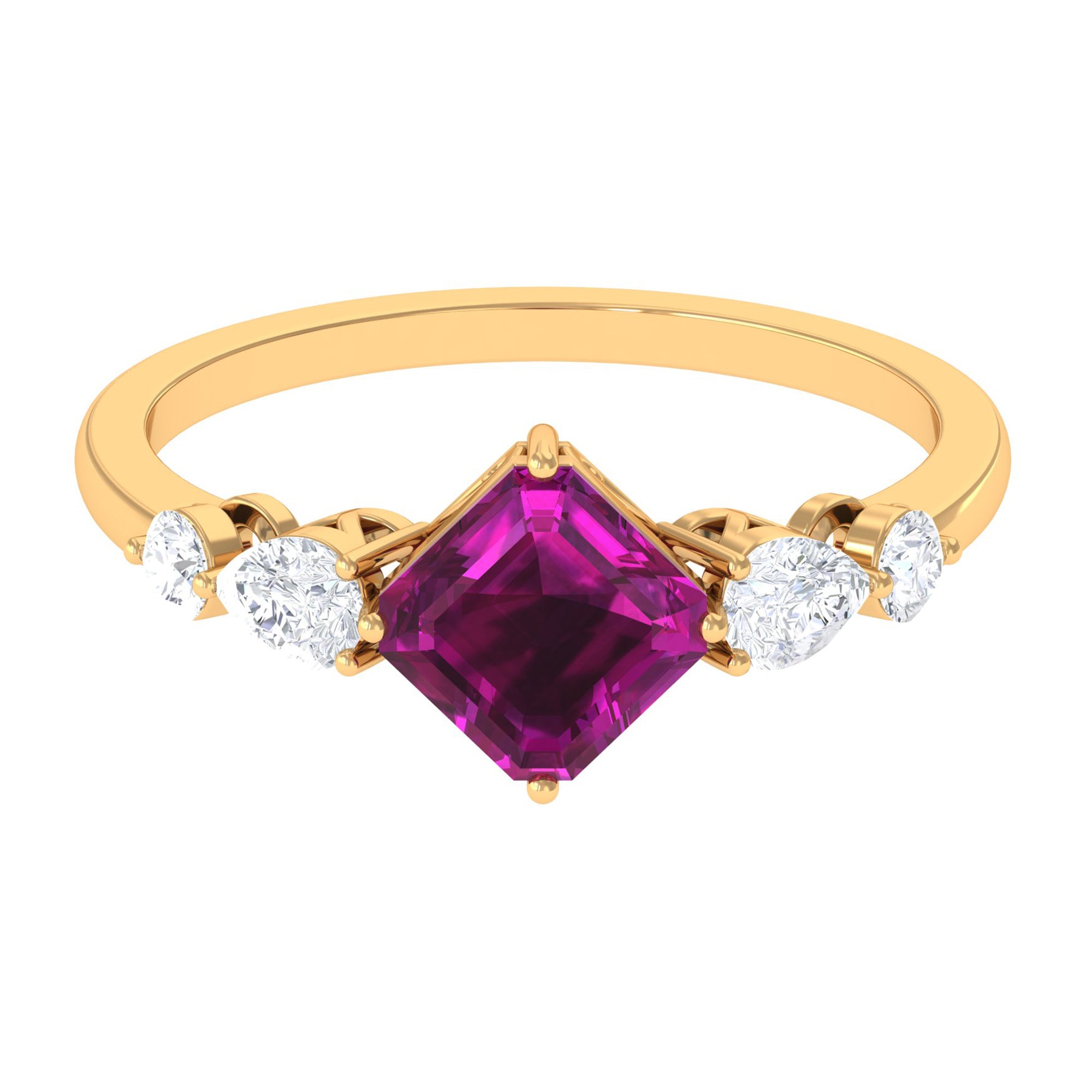 Simple Asscher Cut Rhodolite Solitaire Engagement Ring with Moissanite Rhodolite - ( AAA ) - Quality - Rosec Jewels
