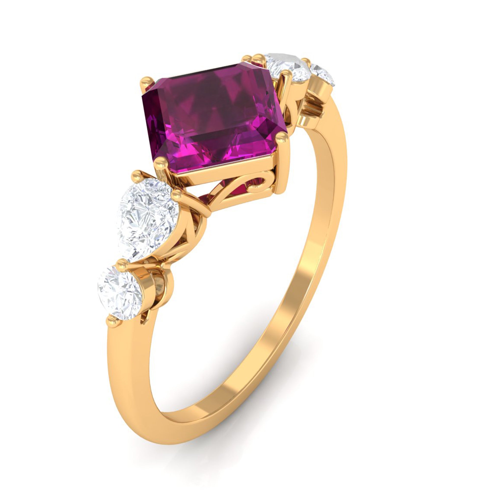 Simple Asscher Cut Rhodolite Solitaire Engagement Ring with Moissanite Rhodolite - ( AAA ) - Quality - Rosec Jewels