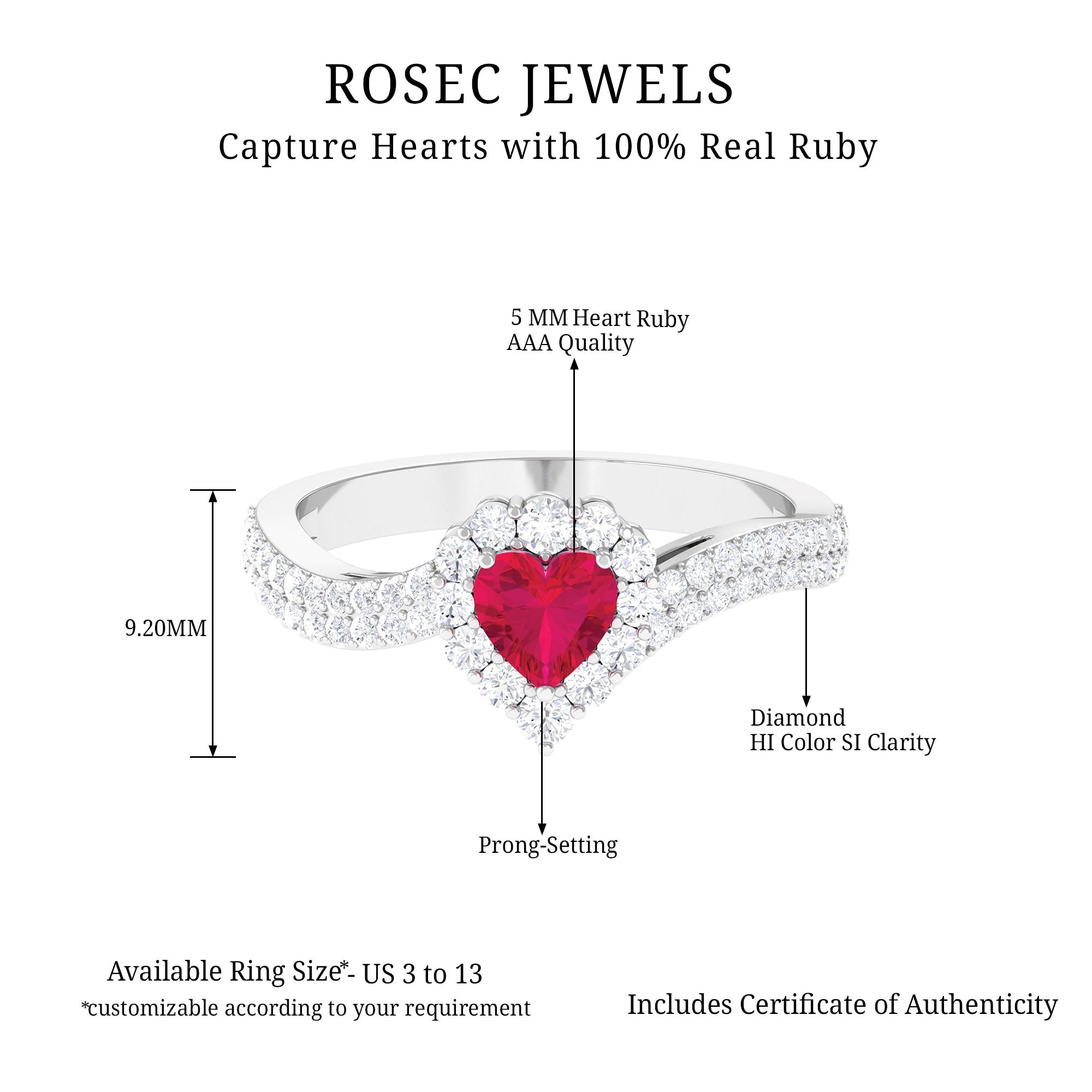 1.75 CT Heart Shape Ruby Bypass Engagement Ring with Diamond Ruby - ( AAA ) - Quality - Rosec Jewels
