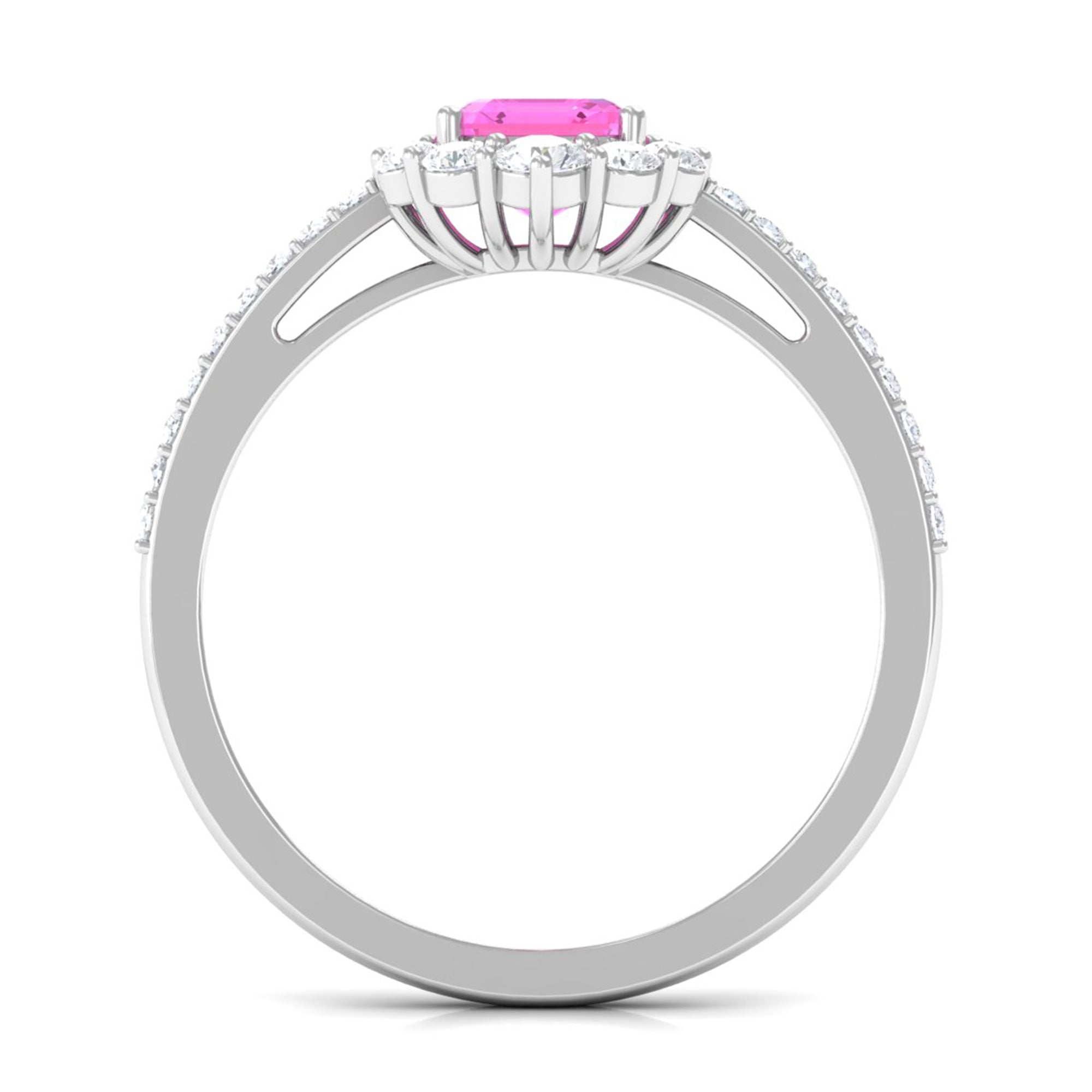 Asscher Cut Created Pink Sapphire Halo Engagement Ring with Diamond Lab Created Pink Sapphire - ( AAAA ) - Quality - Rosec Jewels