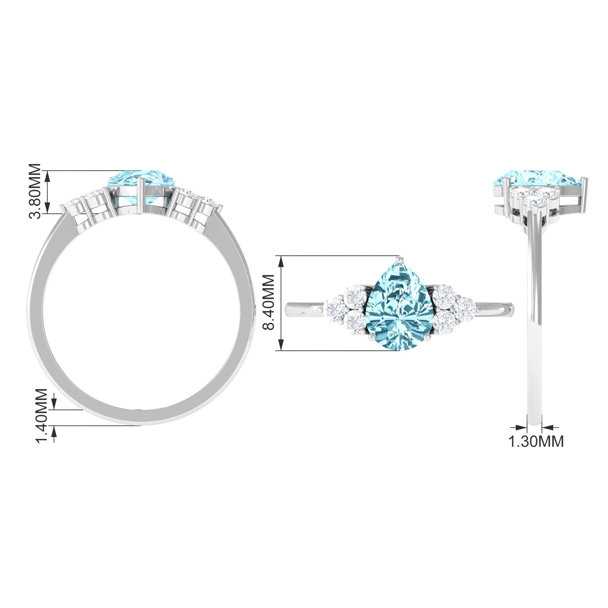 Classic Pear Shape Aquamarine Solitaire Ring with Diamond Trio Aquamarine - ( AAA ) - Quality - Rosec Jewels