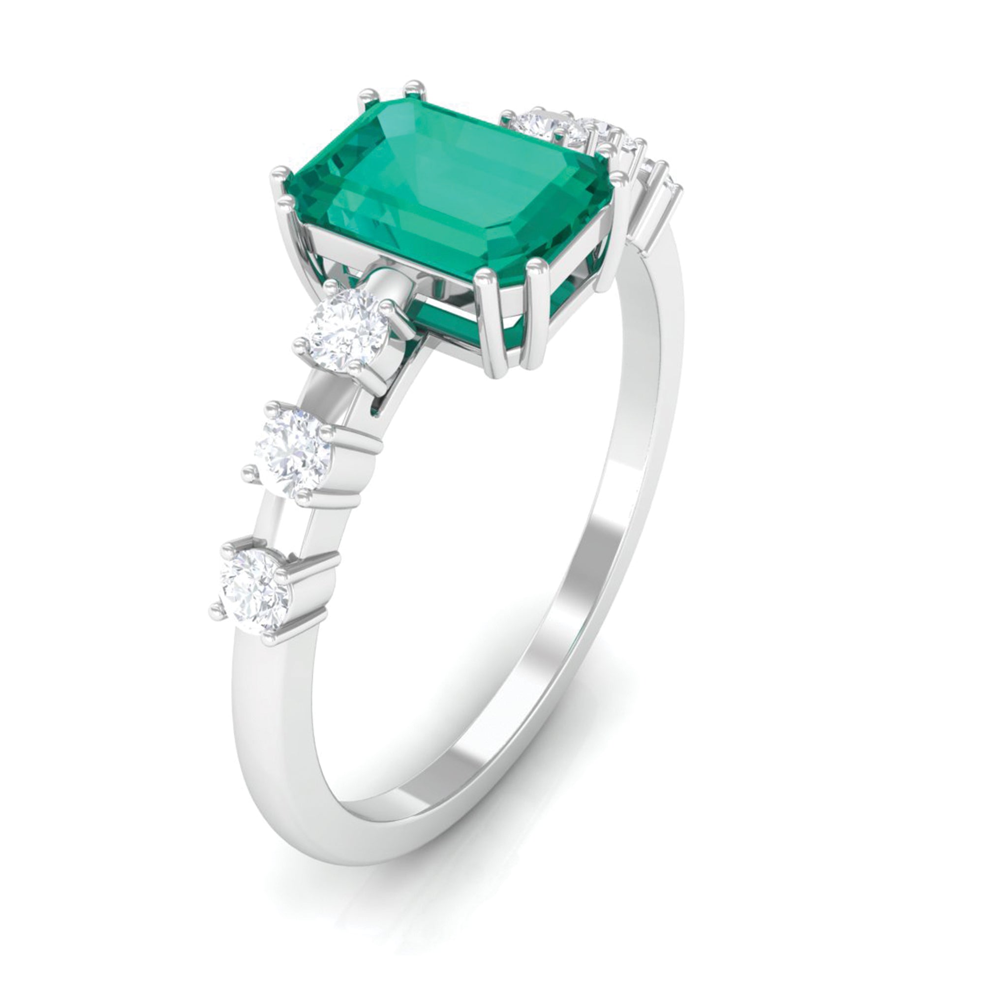 1.5 CT Octagon shape Emerald Engagement Ring with Diamond Side Stones Emerald - ( AAA ) - Quality - Rosec Jewels