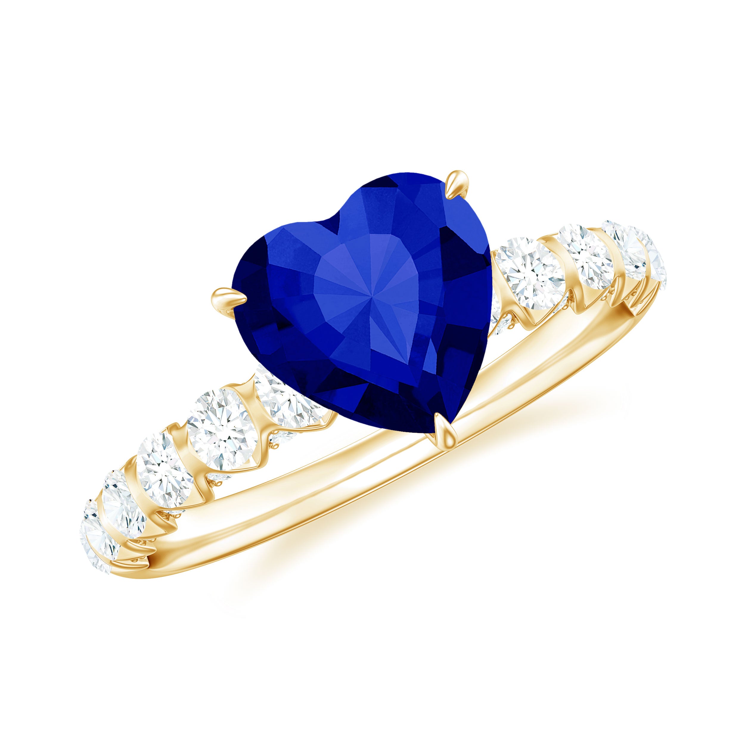 Rosec Jewels-Heart Shape Lab Grown Blue Sapphire Solitaire Engagement Ring with Diamond