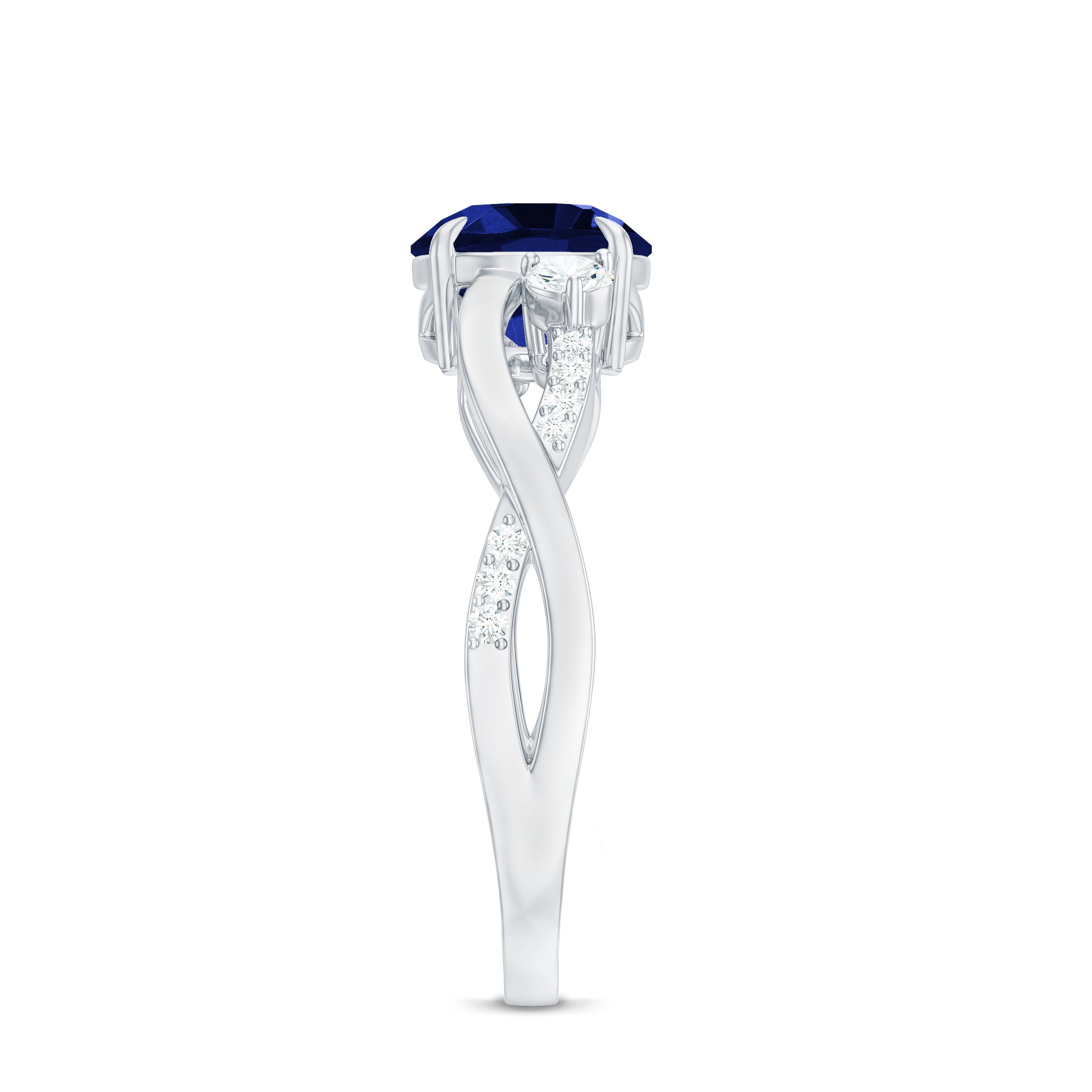 2 CT Created Blue Sapphire and Diamond Engagement Ring with Crossover Shank Lab Created Blue Sapphire - ( AAAA ) - Quality - Rosec Jewels