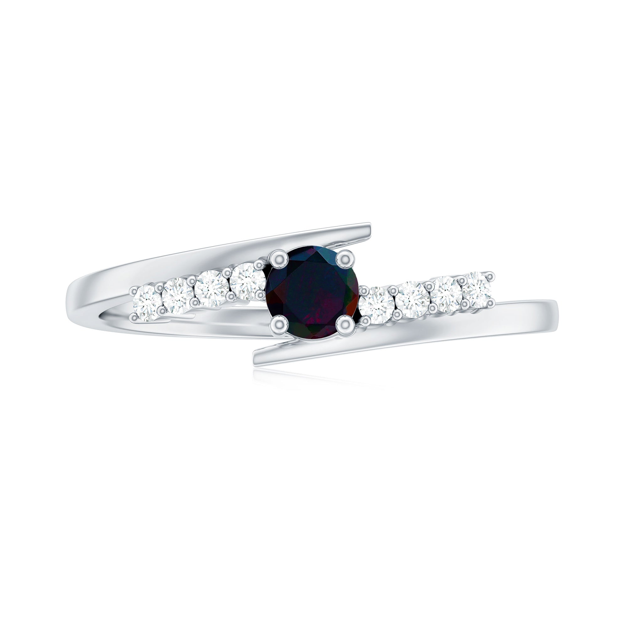 Minimal Round Black Opal and Diamond Bypass Promise Ring Black Opal - ( AAA ) - Quality - Rosec Jewels