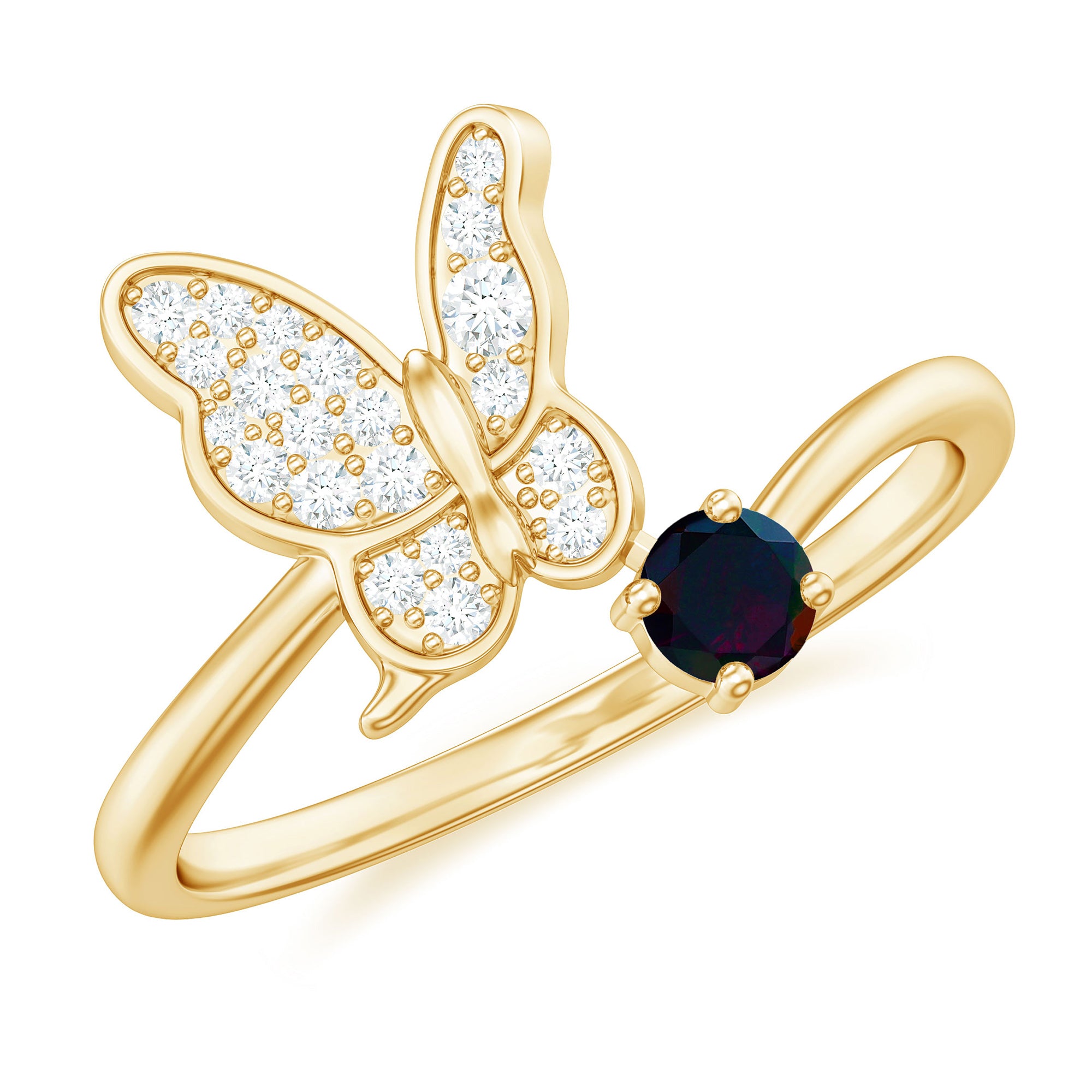 Natural Black Opal and Diamond Butterfly Ring Black Opal - ( AAA ) - Quality - Rosec Jewels