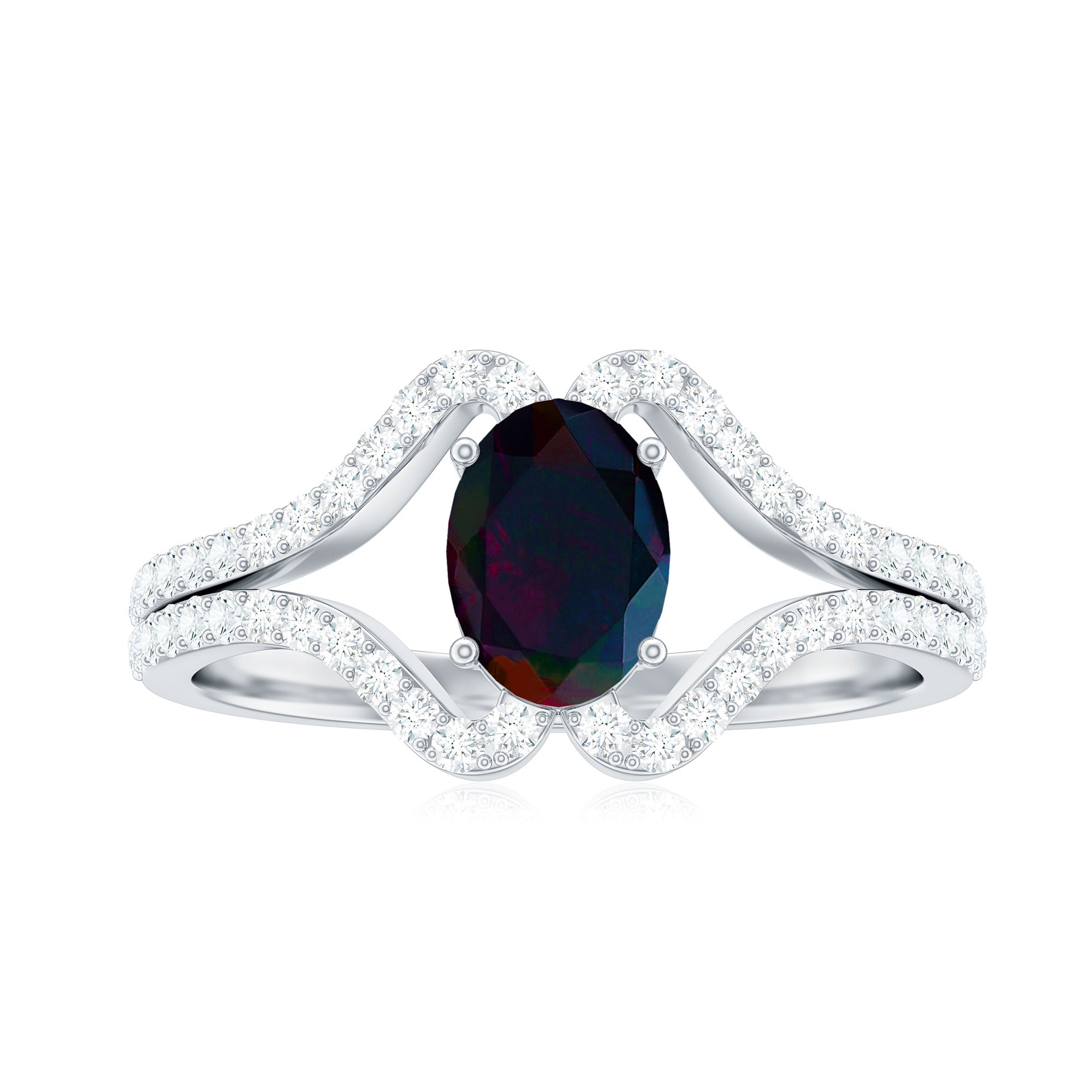 Oval Cut Black Opal and Diamond Split Shank Engagement Ring Black Opal - ( AAA ) - Quality - Rosec Jewels