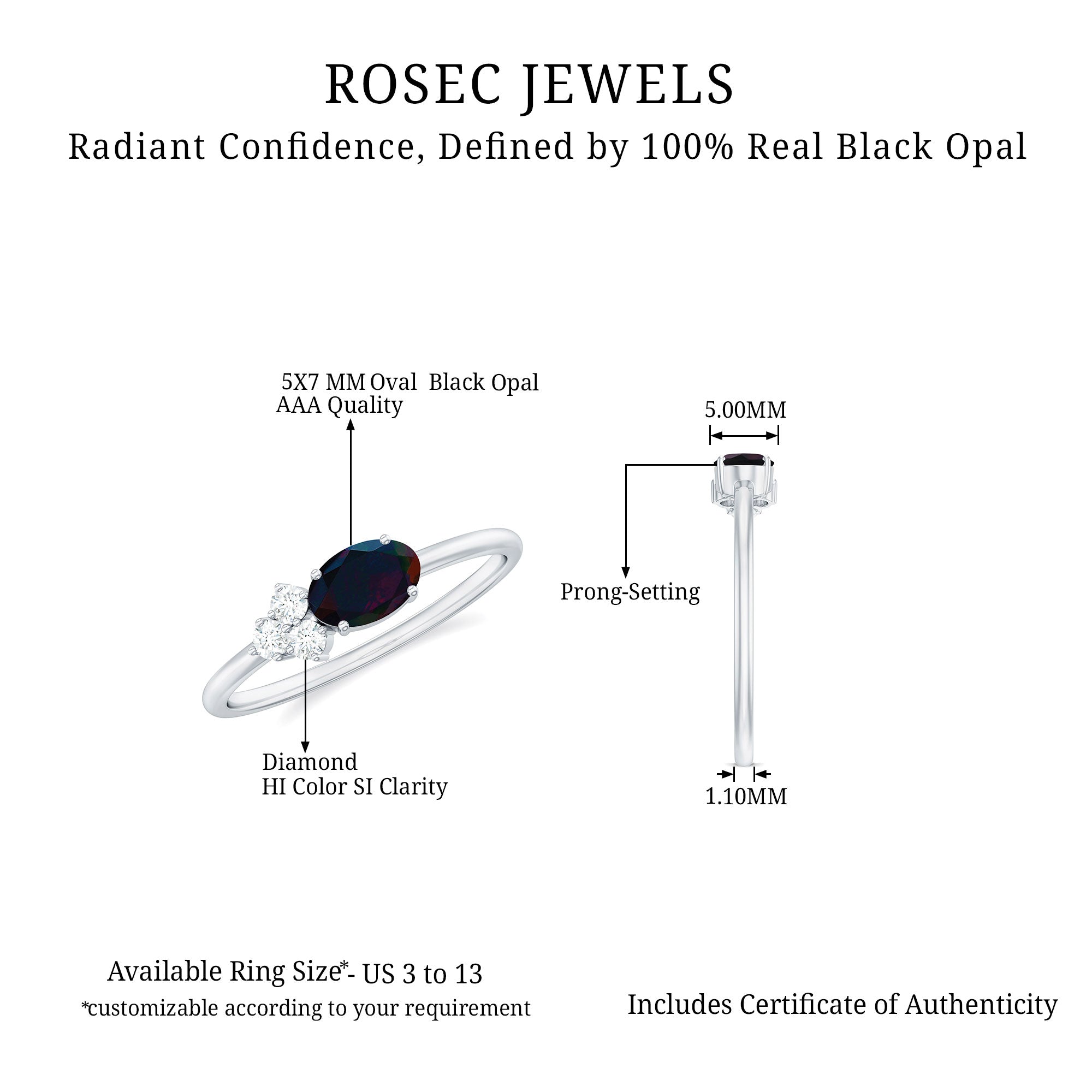 1 CT Oval Black Opal Minimal East West Ring with Diamond Trio Black Opal - ( AAA ) - Quality - Rosec Jewels