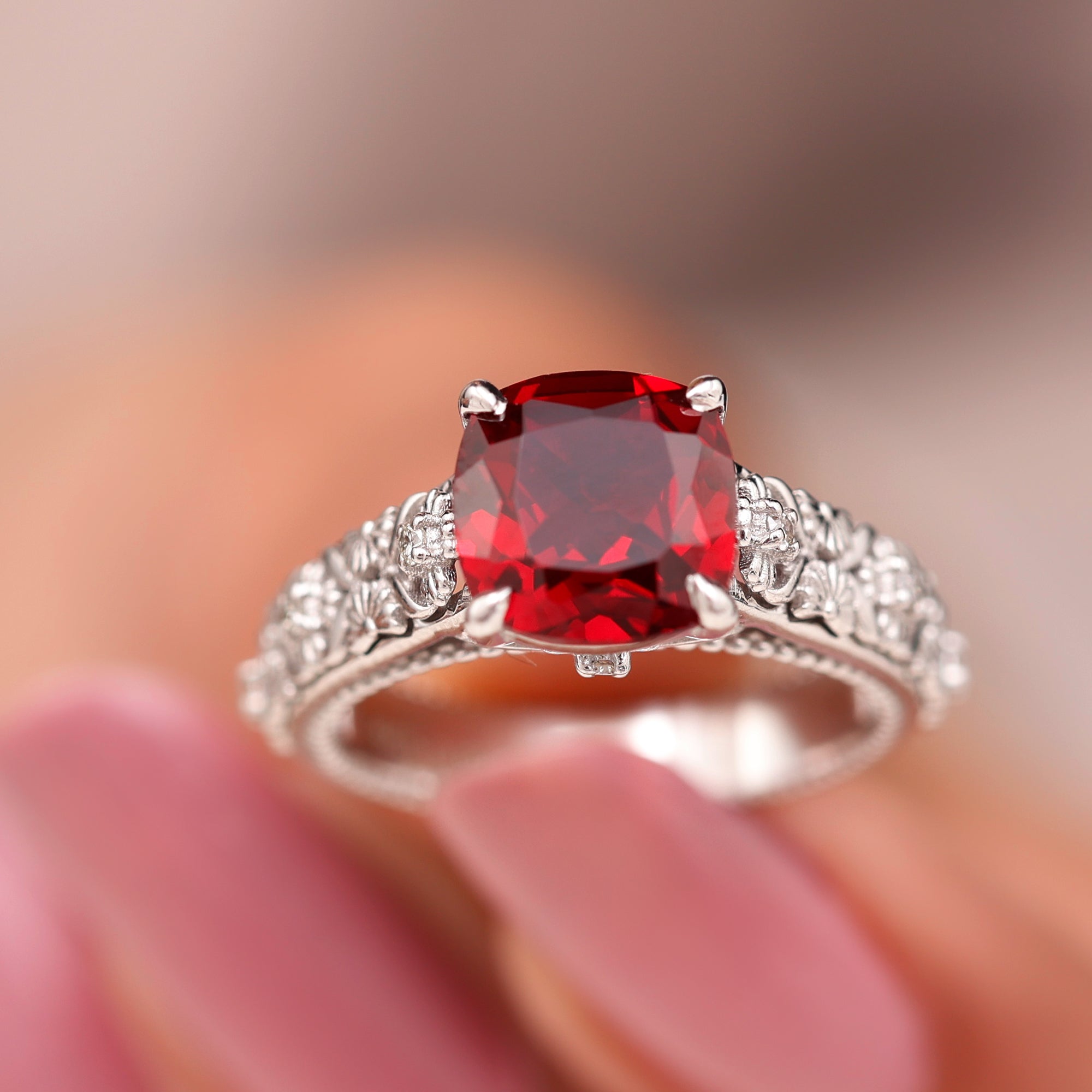 Cushion Cut Lab Grown Ruby Floral Engagement Ring with Diamond Lab Created Ruby - ( AAAA ) - Quality - Rosec Jewels