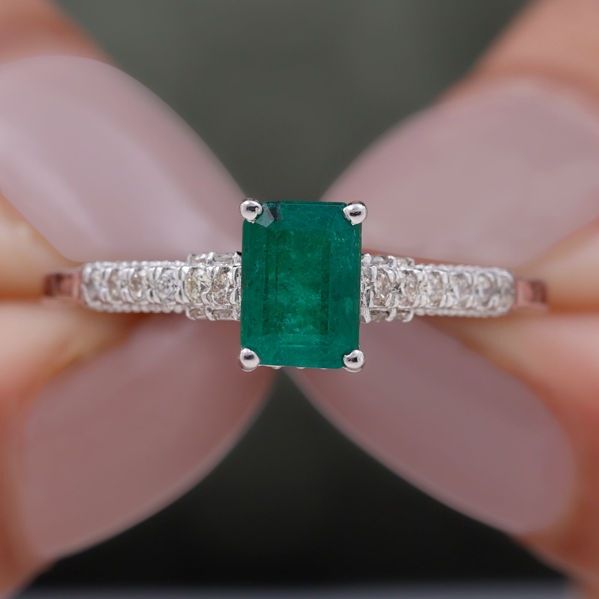 1 CT Octagon shape Emerald Classic Engagement Ring with Diamond Side Stones Emerald - ( AAA ) - Quality - Rosec Jewels