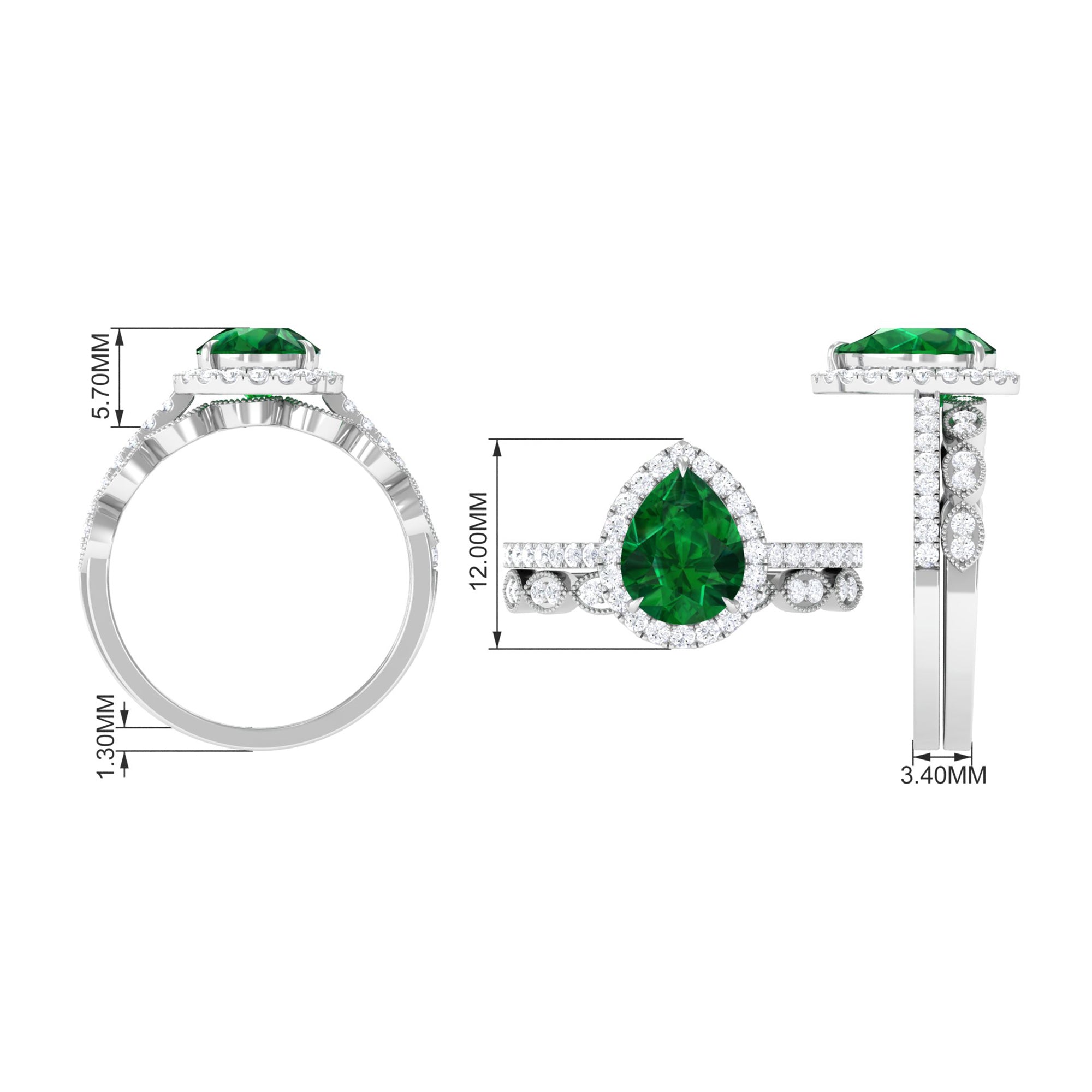 Pear Shape Created Emerald and Diamond Designer Wedding Ring Set Lab Created Emerald - ( AAAA ) - Quality - Rosec Jewels