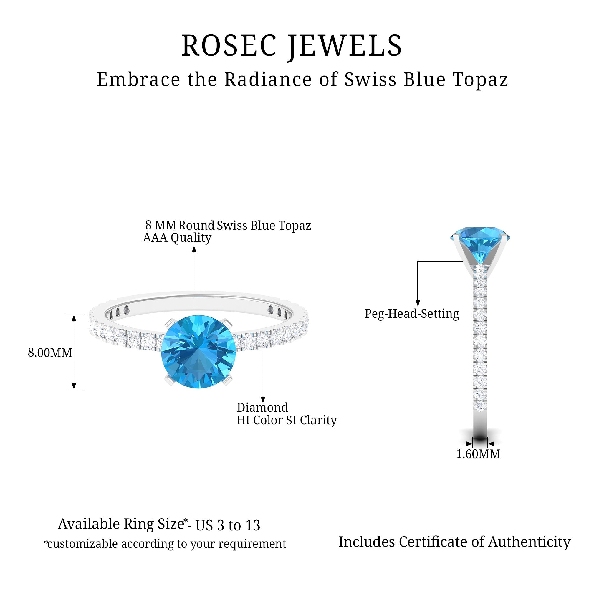 2.75 CT Swiss Blue Topaz Solitaire Ring with Diamond Side Stones Swiss Blue Topaz - ( AAA ) - Quality - Rosec Jewels