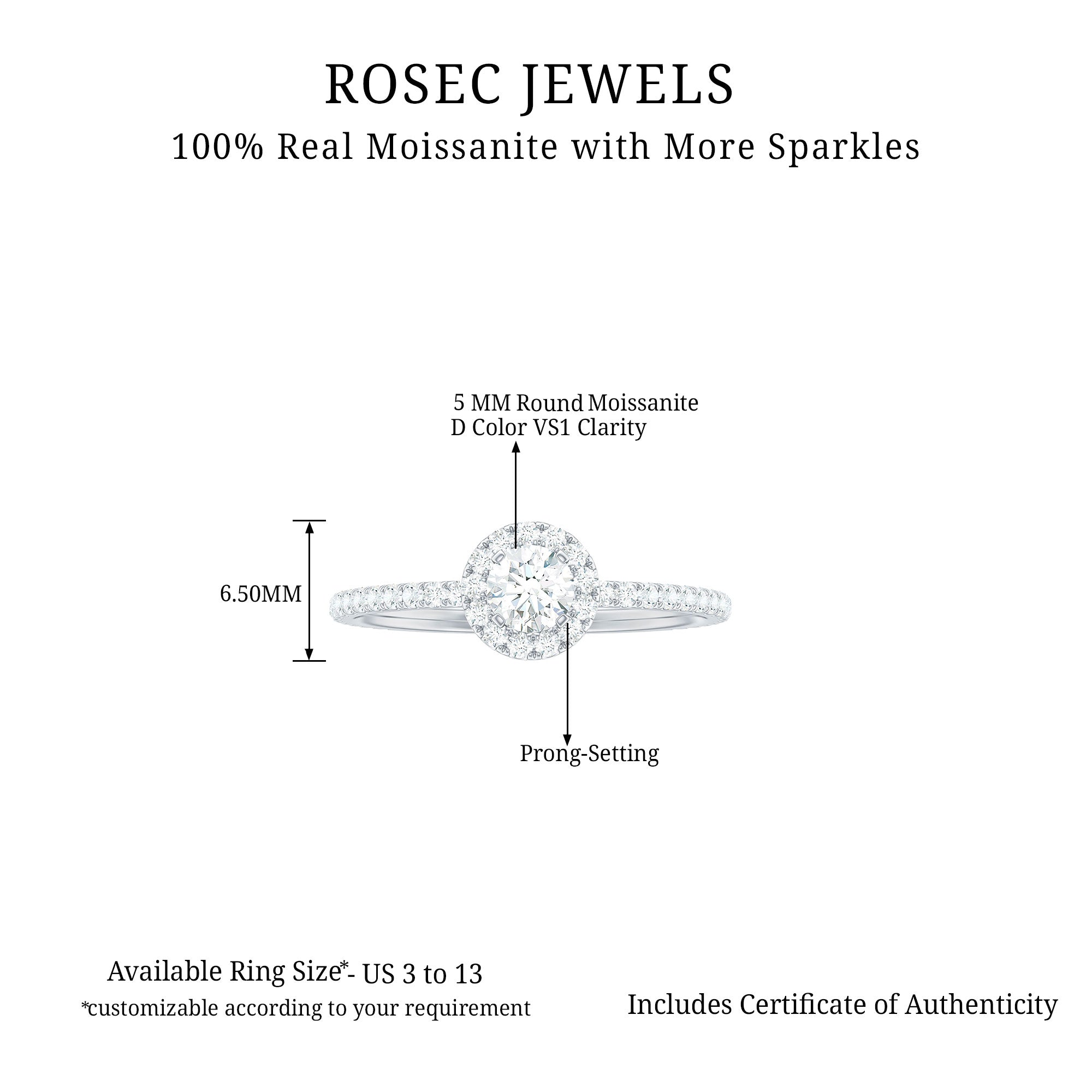 0.75 CT Minimal Moissanite Halo Engagement Ring in Gold Moissanite - ( D-VS1 ) - Color and Clarity - Rosec Jewels