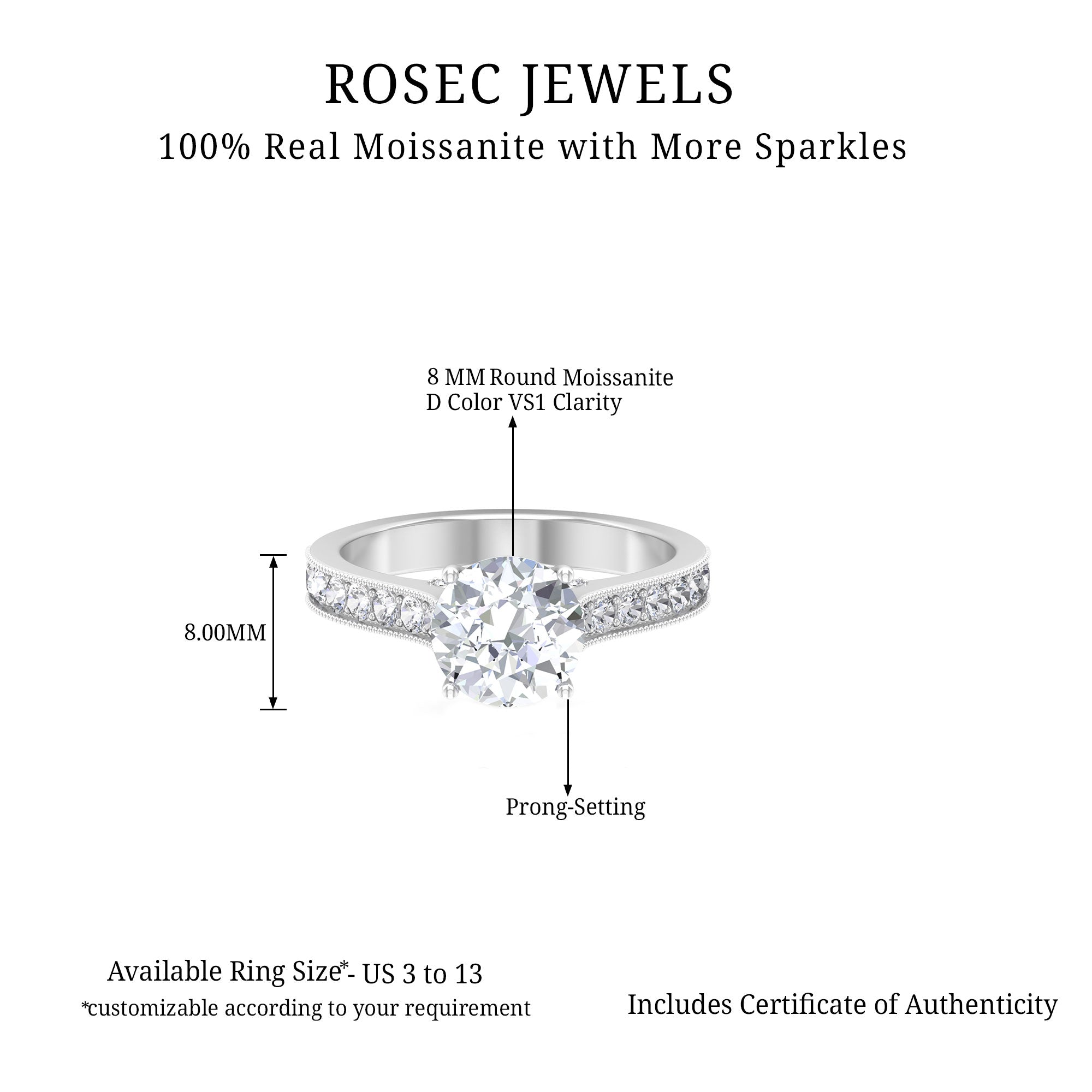 Solitaire Certified Moissanite Engagement Ring with Side Stones Moissanite - ( D-VS1 ) - Color and Clarity 92.5 Sterling Silver 7 - Rosec Jewels