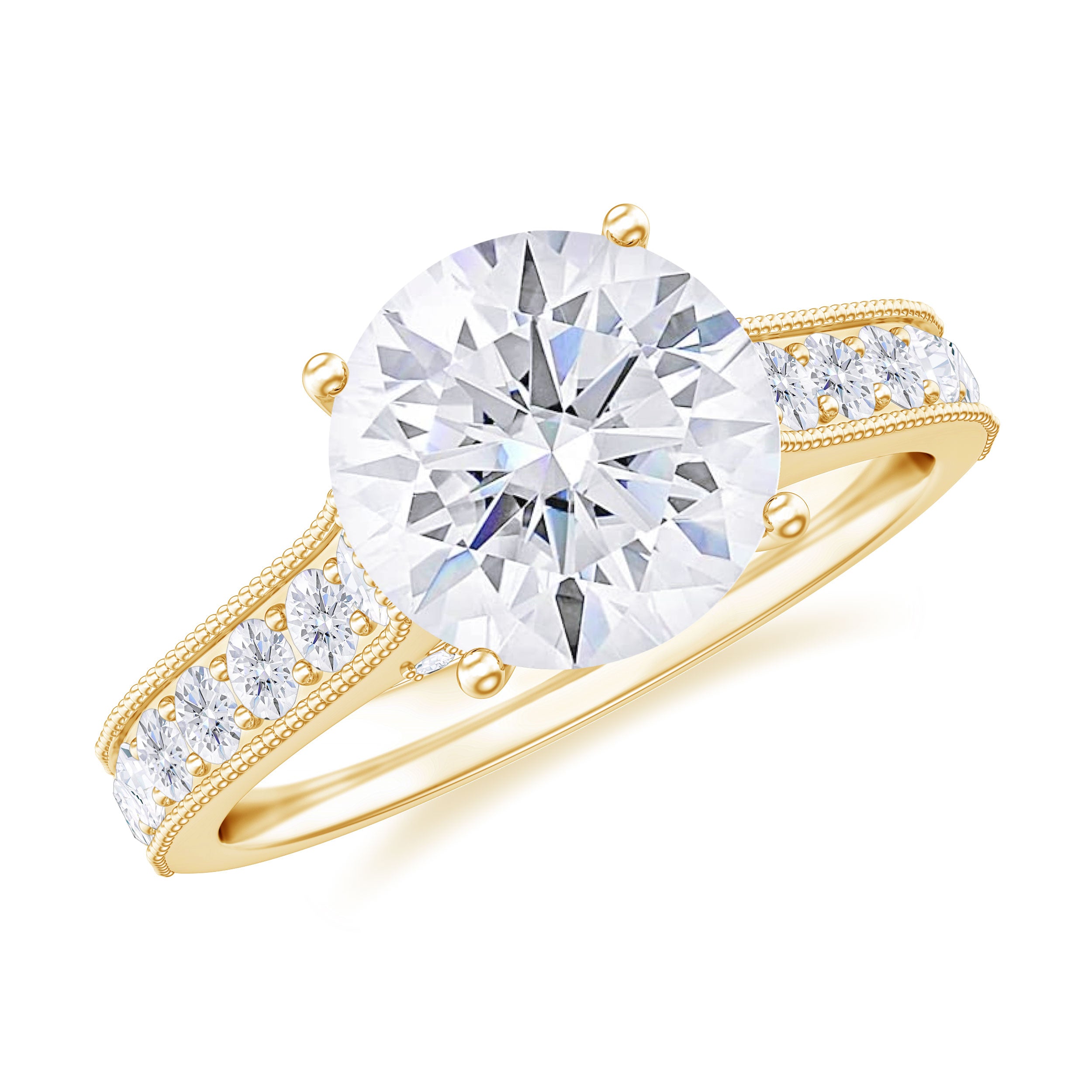 Solitaire Certified Moissanite Engagement Ring with Side Stones Moissanite - ( D-VS1 ) - Color and Clarity - Rosec Jewels