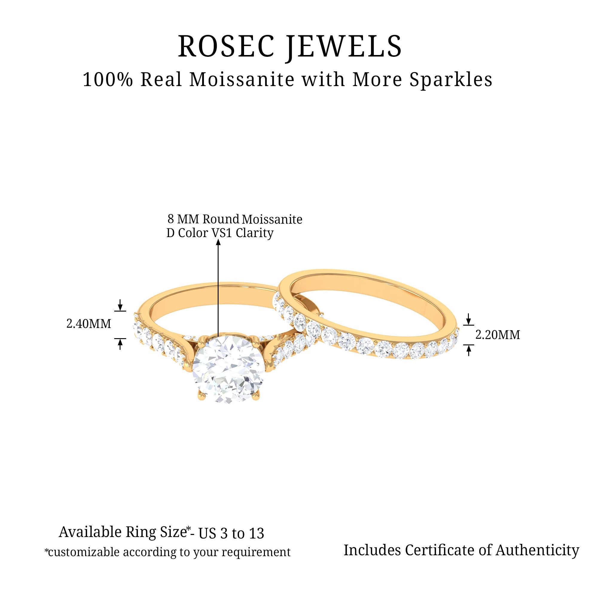 4.25 CT Moissanite Solitaire Eternity Engagement Ring Set Moissanite - ( D-VS1 ) - Color and Clarity - Rosec Jewels