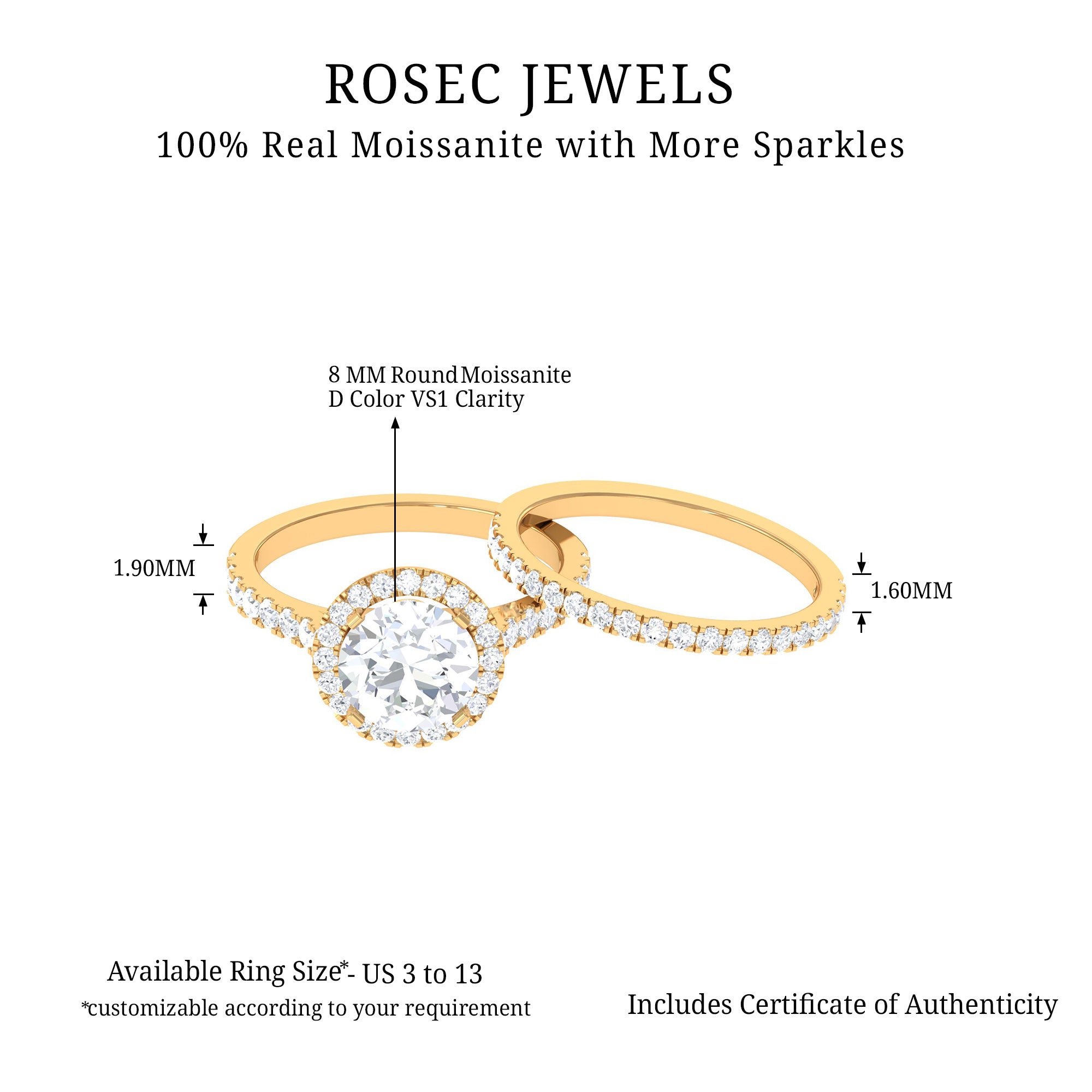 3.5 CT Classic Moissanite Halo Wedding Ring Set in Gold Moissanite - ( D-VS1 ) - Color and Clarity - Rosec Jewels