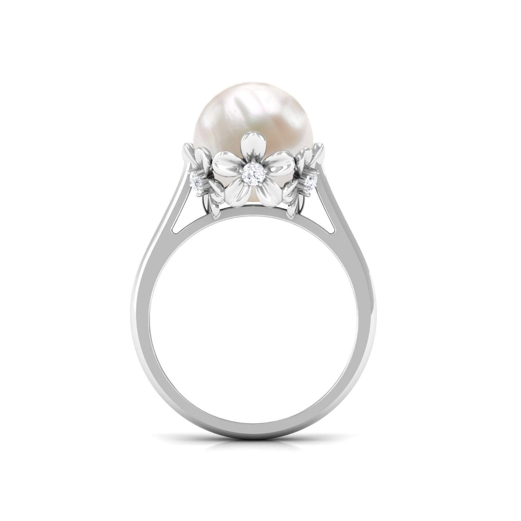 Rosec Jewels-Floral Set Freshwater Pearl Solitaire Ring with Diamond Accent