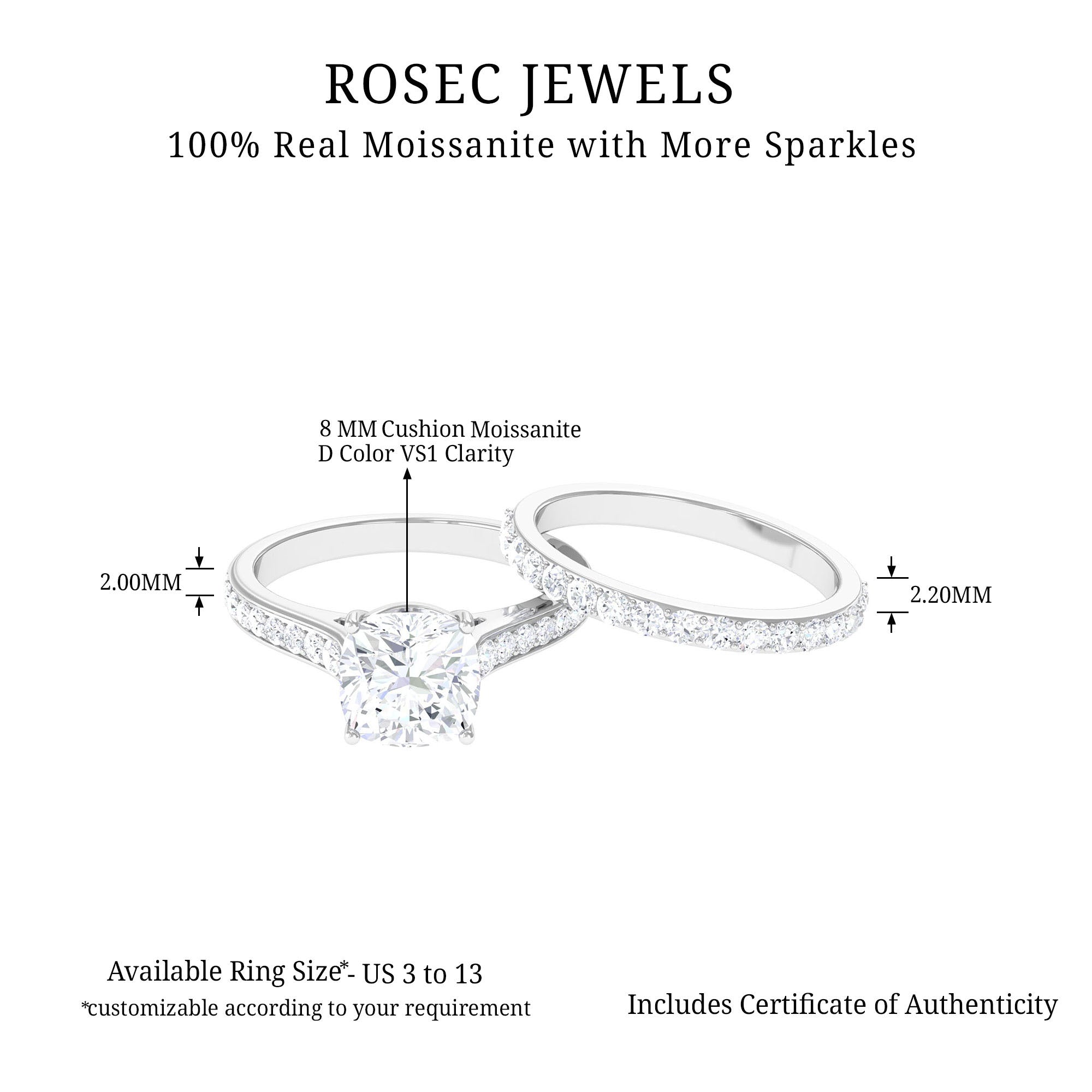 3 CT Cushion Cut Moissanite Solitaire Engagement Ring with Wedding Band Moissanite - ( D-VS1 ) - Color and Clarity - Rosec Jewels