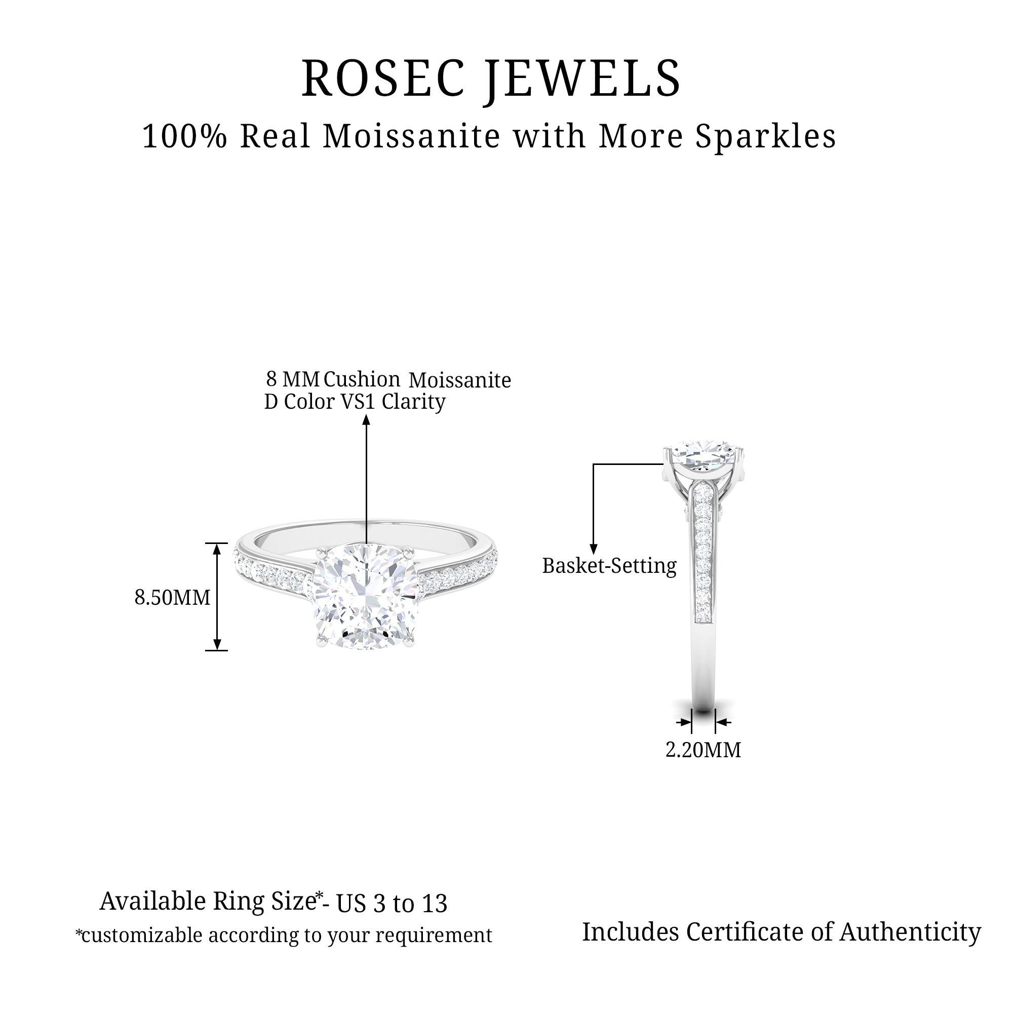Cushion Cut Moissanite Solitaire Side Stones Engagement Ring Moissanite - ( D-VS1 ) - Color and Clarity - Rosec Jewels