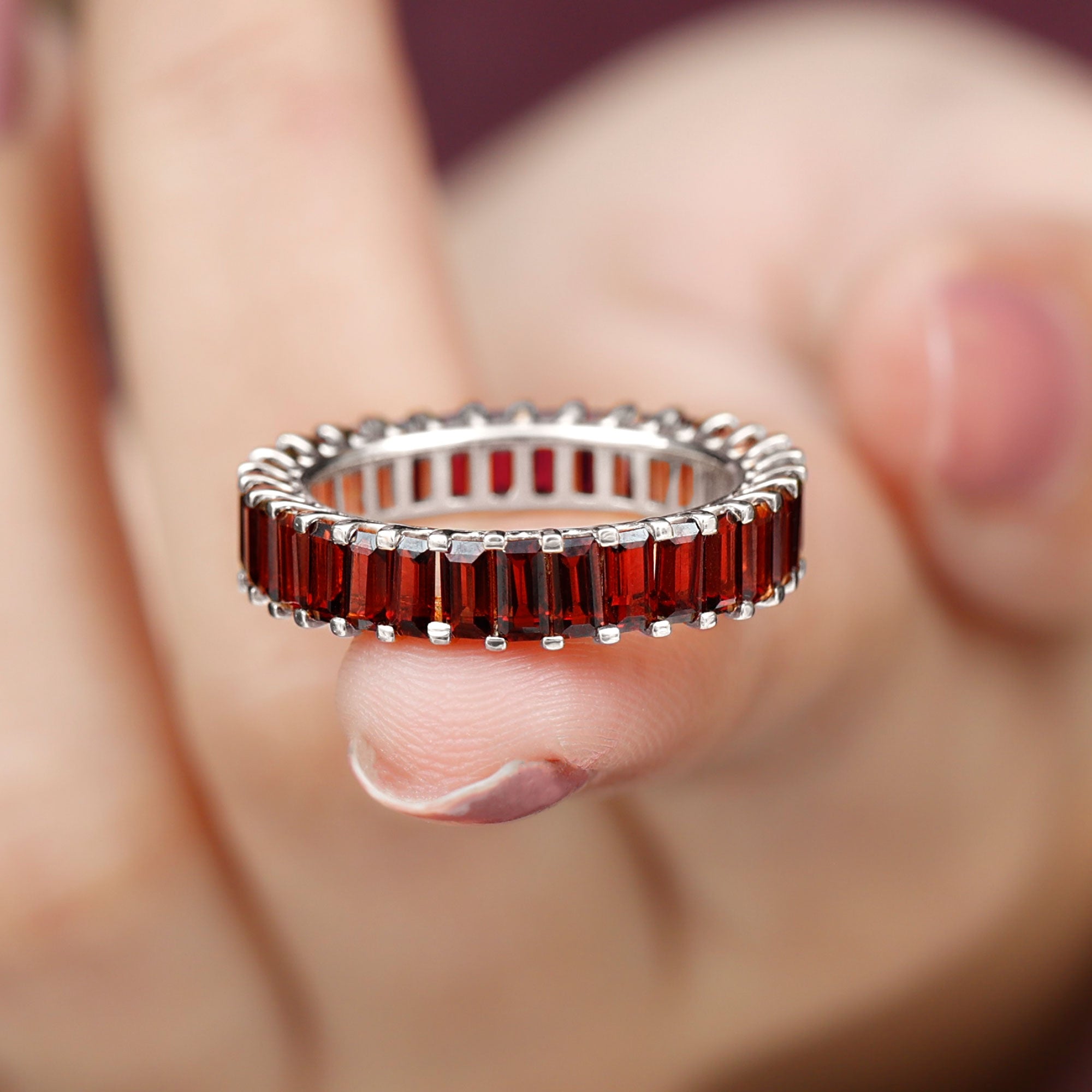 7 CTW Baguette Cut Garnet Eternity Ring in Shared Prong Setting Garnet - ( AAA ) - Quality - Rosec Jewels
